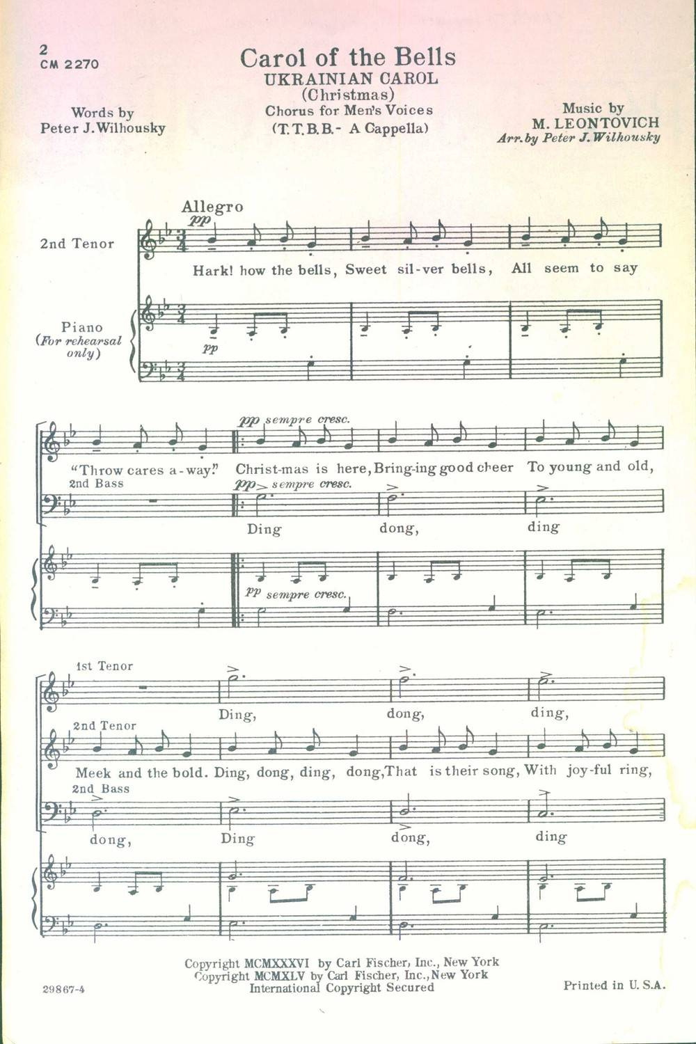 Carol Of The Bells: History And Lyrics With Translation in Free Printable Carol Of The Bells Sheet Music With Lyrics