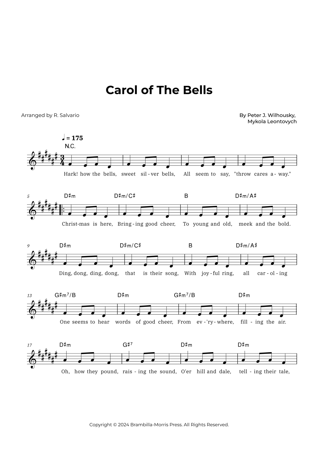 Carol Of The Bells (Key Of D-Sharp Minor) (Arr. R. Salvario) with regard to Free Printable Carol Of The Bells Sheet Music With Lyrics
