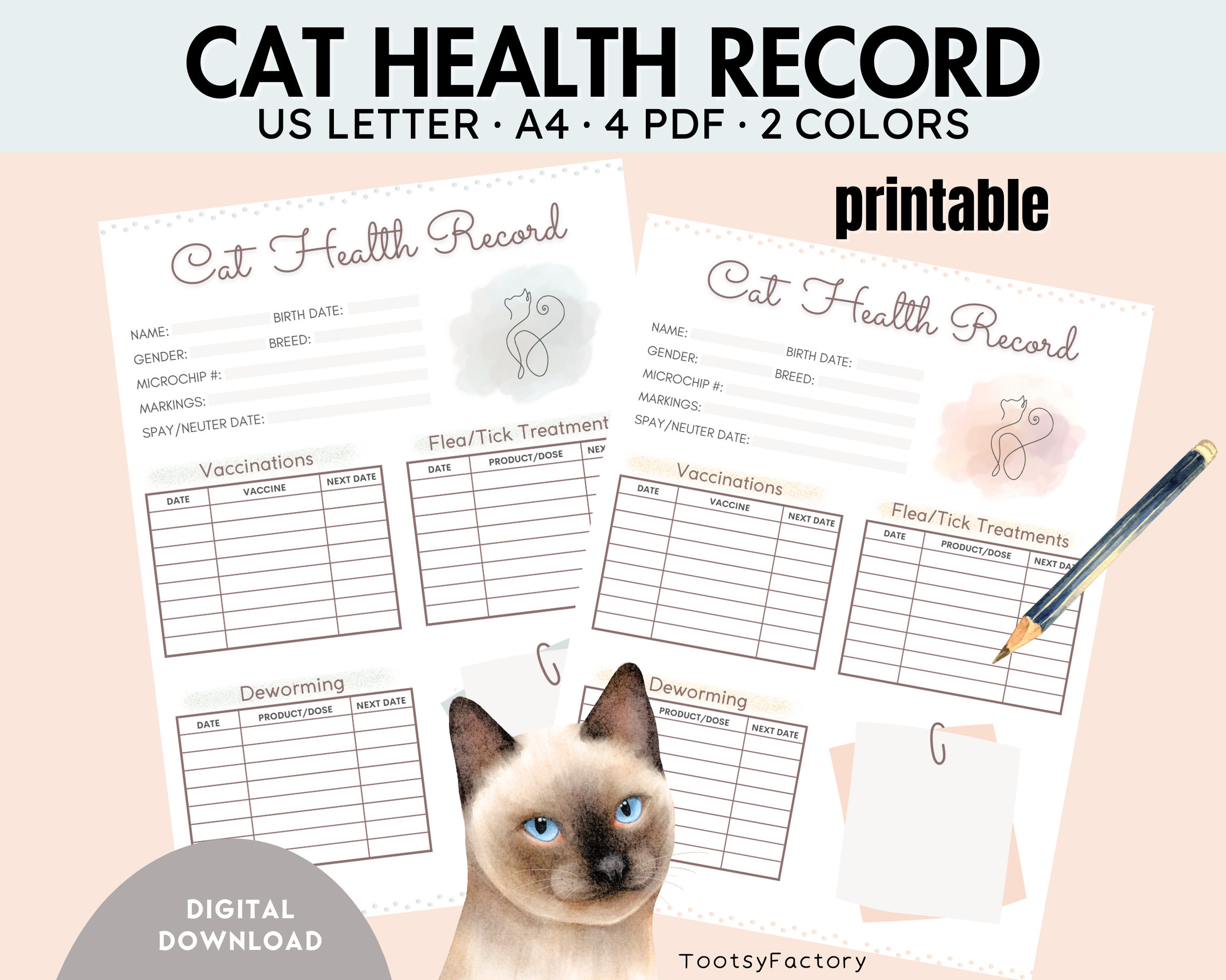 Cat Health Record, Printable Cat Shot Record, Kitten Kitty And Cat intended for Free Printable Cat Vaccination Feline Vaccination Record Template