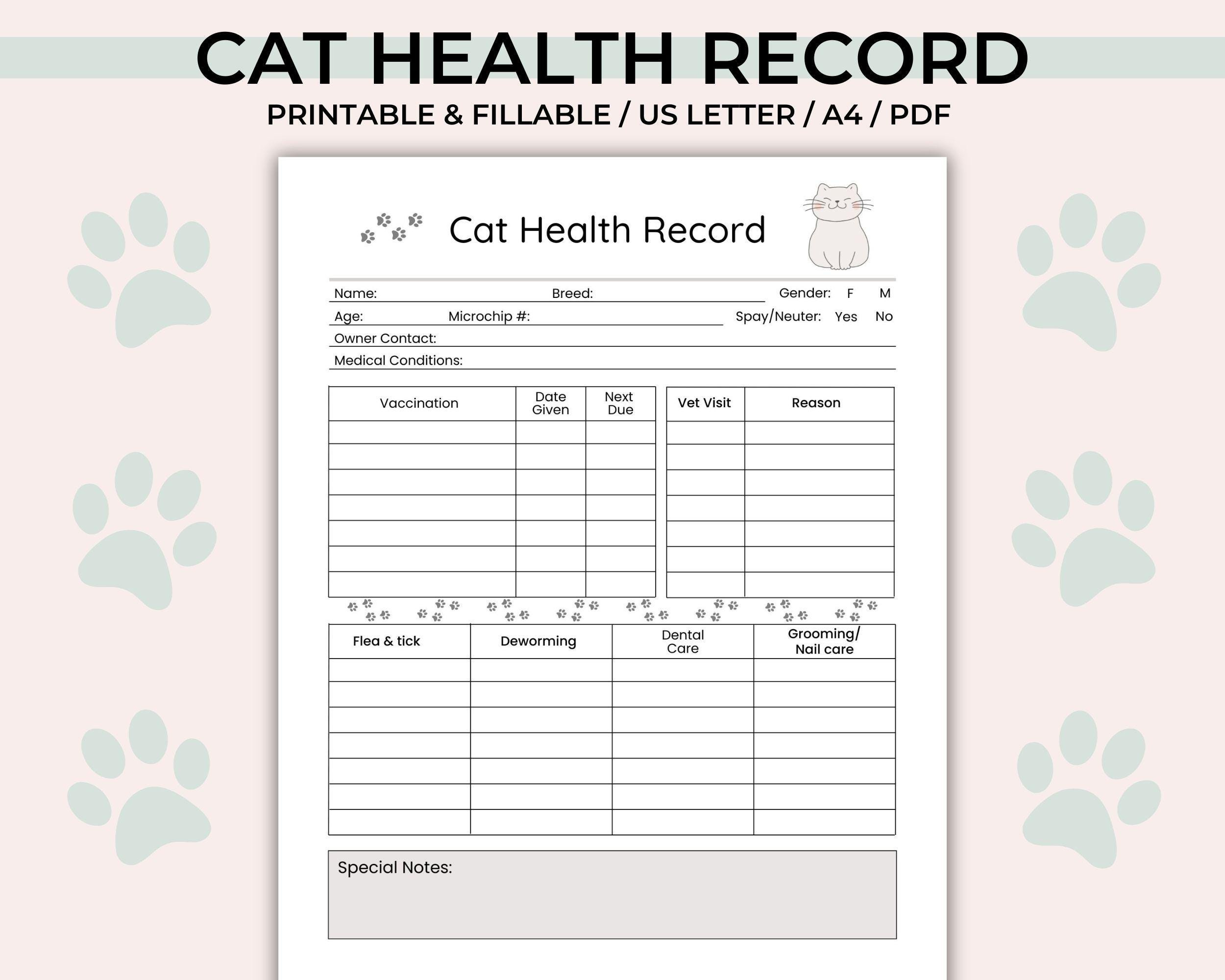 Cat Health Record Printable, Pet Health And Grooming Tracker intended for FREE Printable Cat Health Record