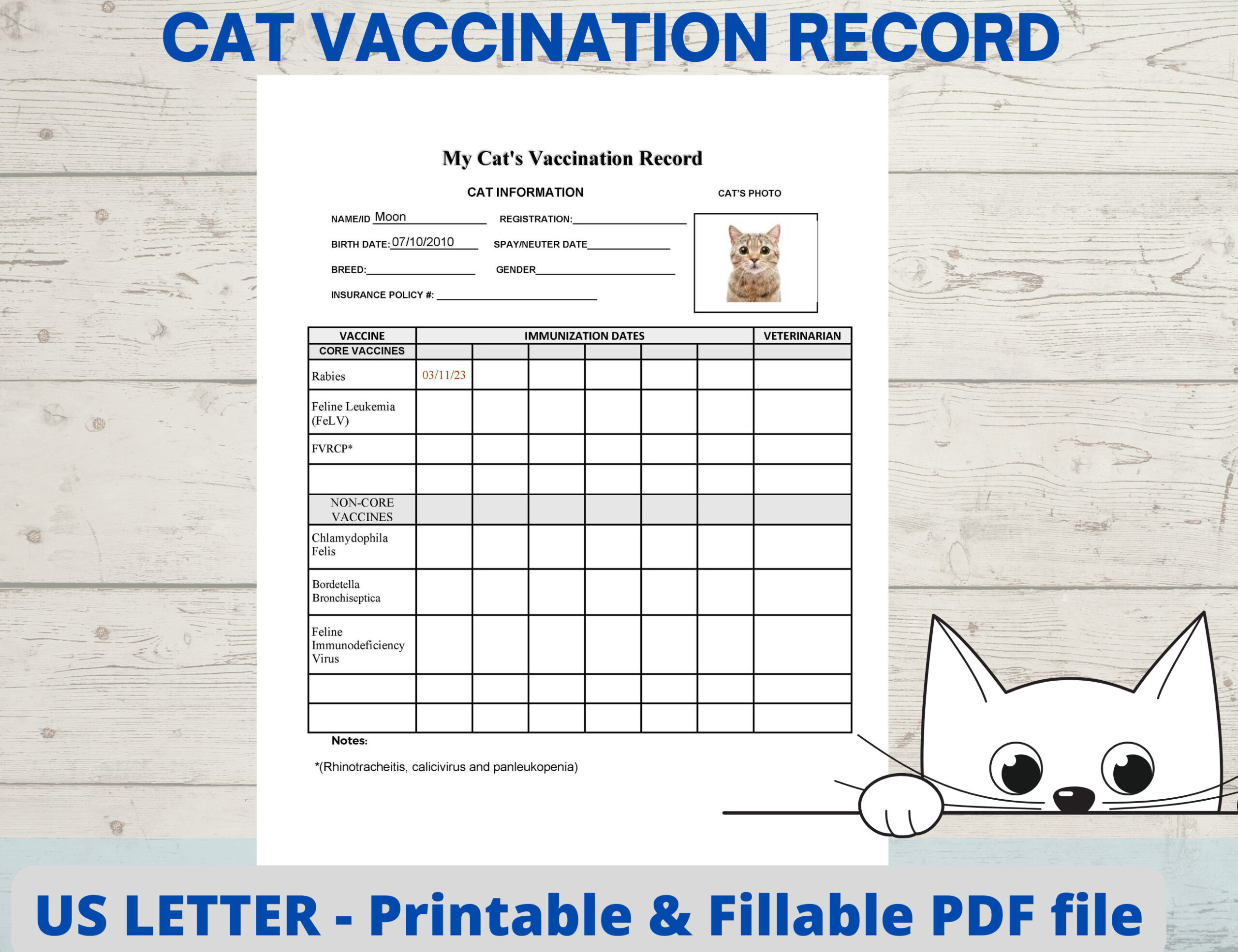 Cat Vaccination Record, Cat Health Record, Cat Shot Record, Pet throughout Free Printable Cat Vaccination Record