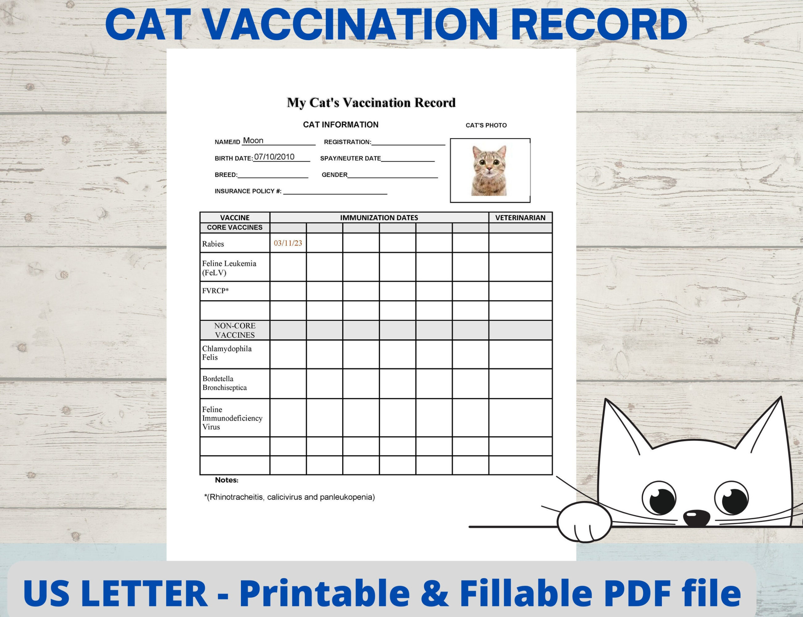 Cat Vaccination Record, Cat Health Record, Cat Shot Record, Pet with regard to Free Printable Cat Vaccination Feline Vaccination Record Template