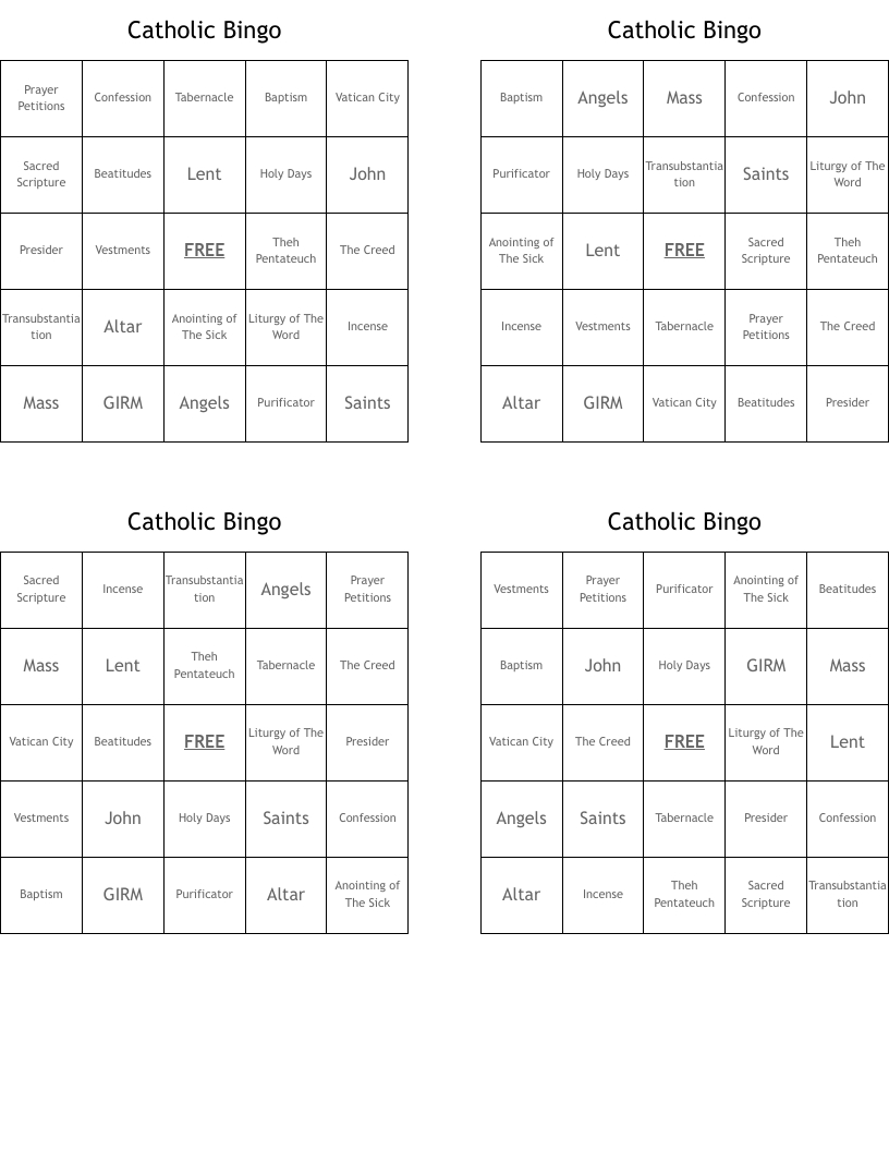 Catholic Bingo - Wordmint for Free Printable Catholic Bingo Cards