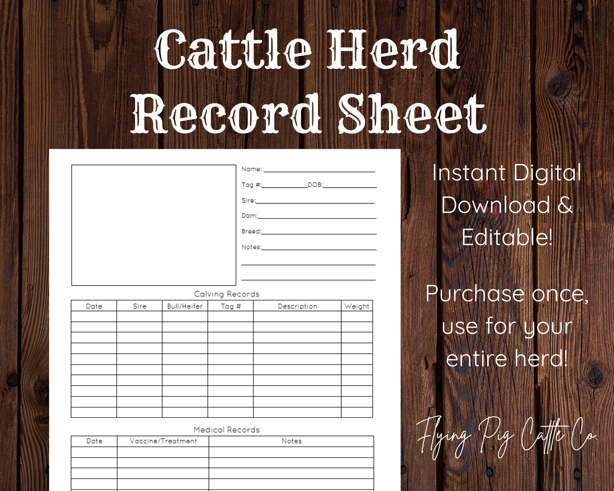 Cattle Herd Record Sheet - Editable! Instant Digital Download intended for Free Printable Cattle Record Keeping Forms