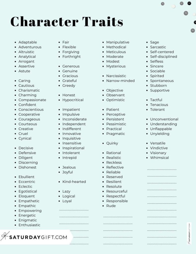 Character Traits List - 115+ Examples Of Character Traits throughout Free Printable Character Traits List