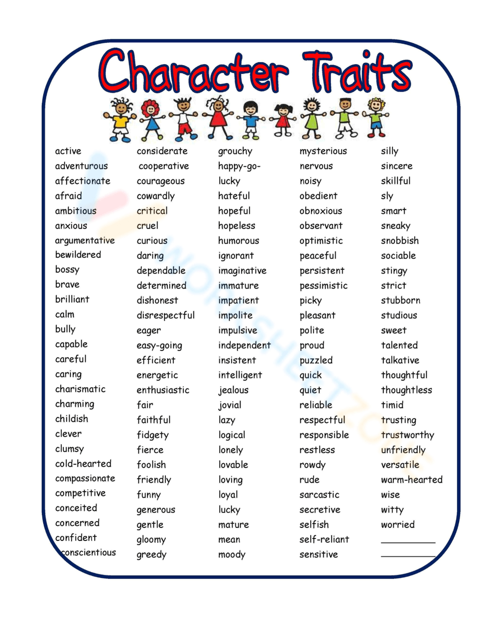 Character Traits Worksheets &amp;amp; Printable with regard to Free Printable Character Traits Worksheets