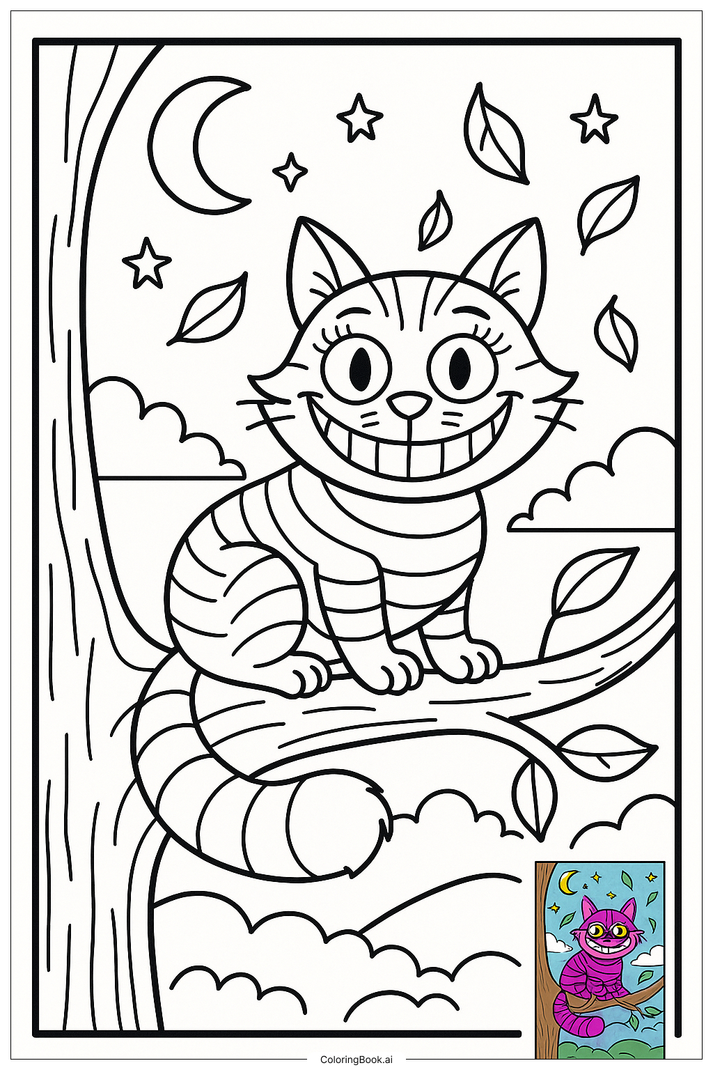 Cheshire Cat Grinning In Tree Coloring Page (Free Pdf&amp;amp;Png Printable) in Free Printable Cheshire Cat Grin