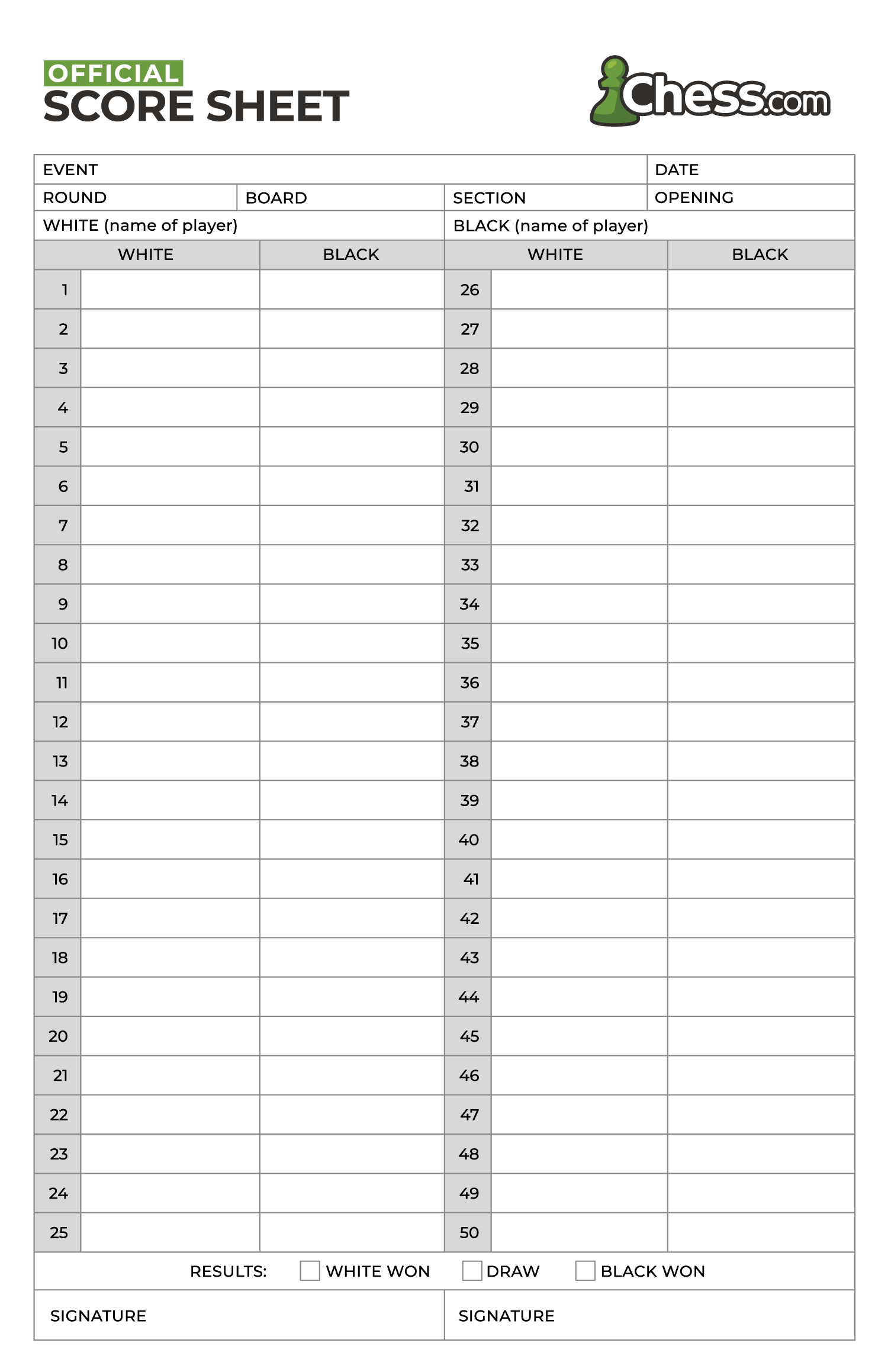 Chess Score Sheet (+ Free Pdf Template) - Chess intended for Free Printable Chess Score Sheet