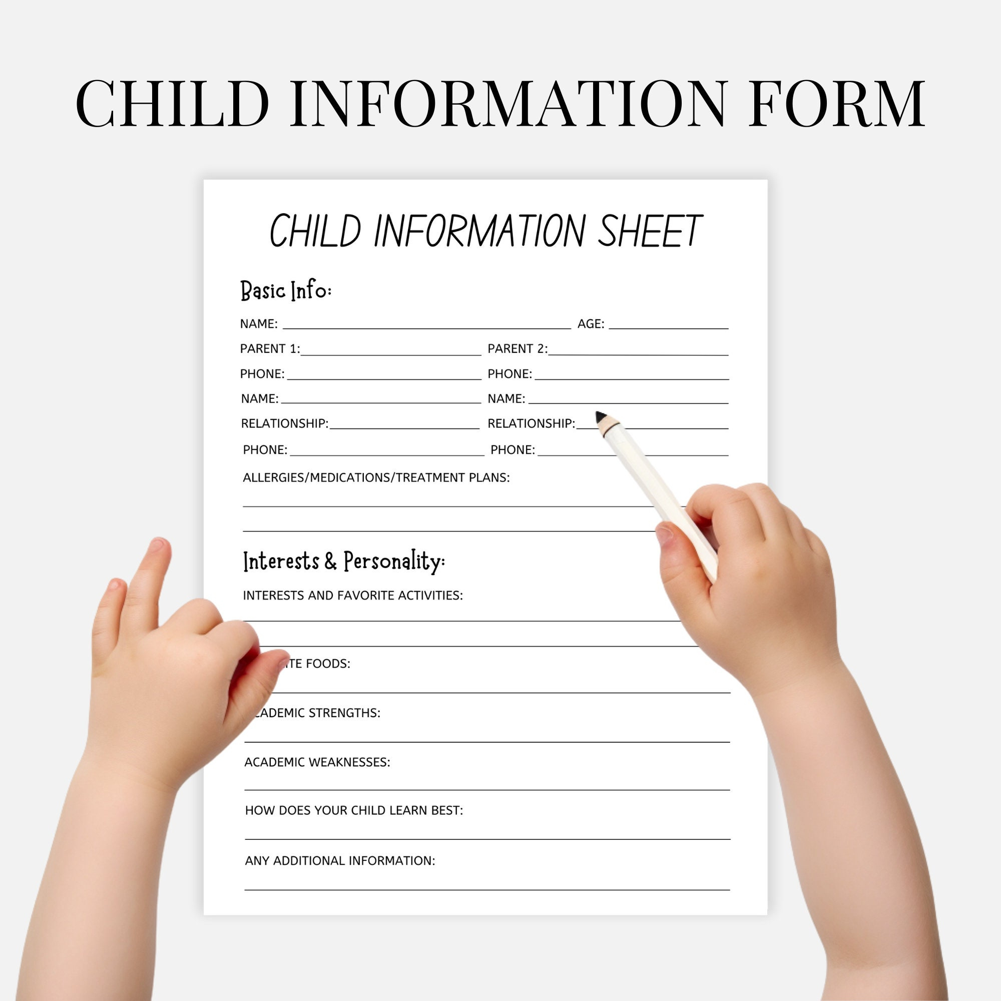 Child Information Form, New Babysitter Info Sheet, Childcare Info with regard to FREE Printable Child Information Sheet For Daycare