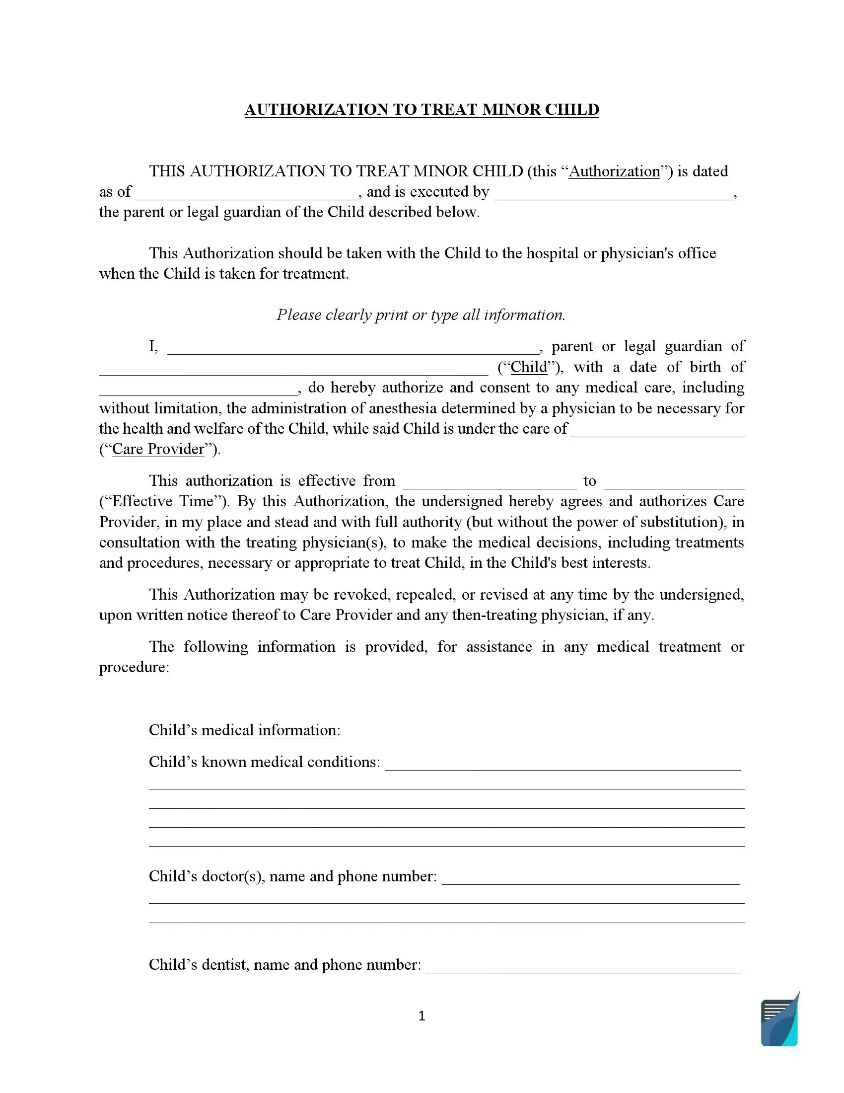 Child Medical Consent Form ⇒ Treatment Permission For Minors inside Free Printable Consent To Treat Minor Form