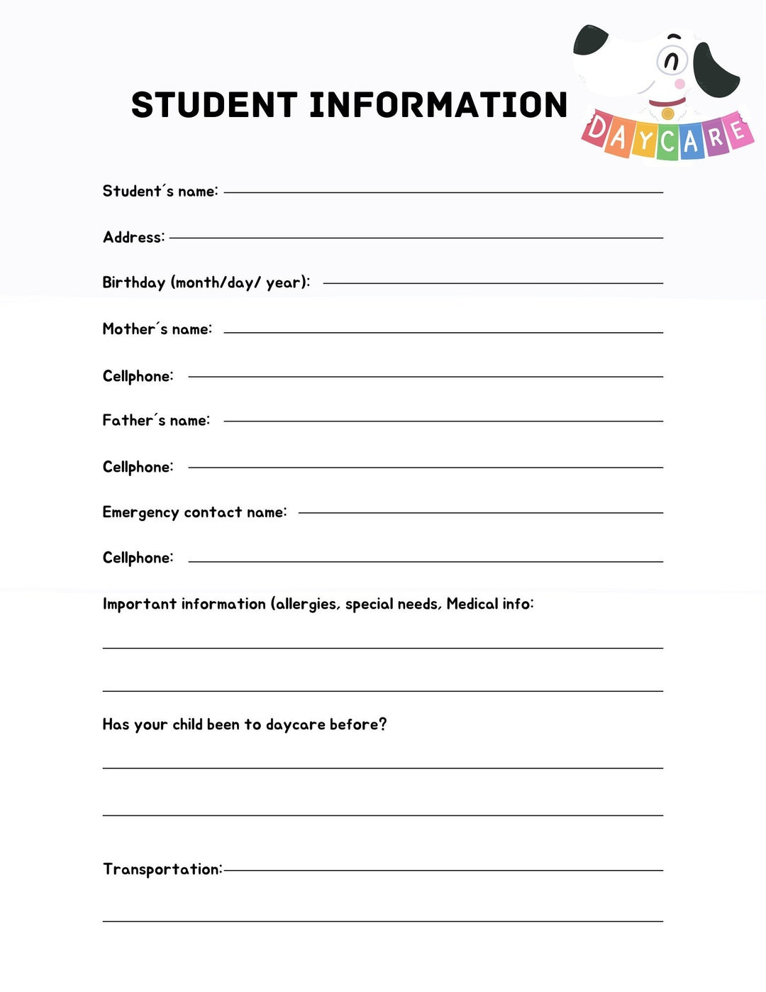 Childare Student Information Sheet, Daycare All About Me with FREE Printable Child Information Sheet For Daycare