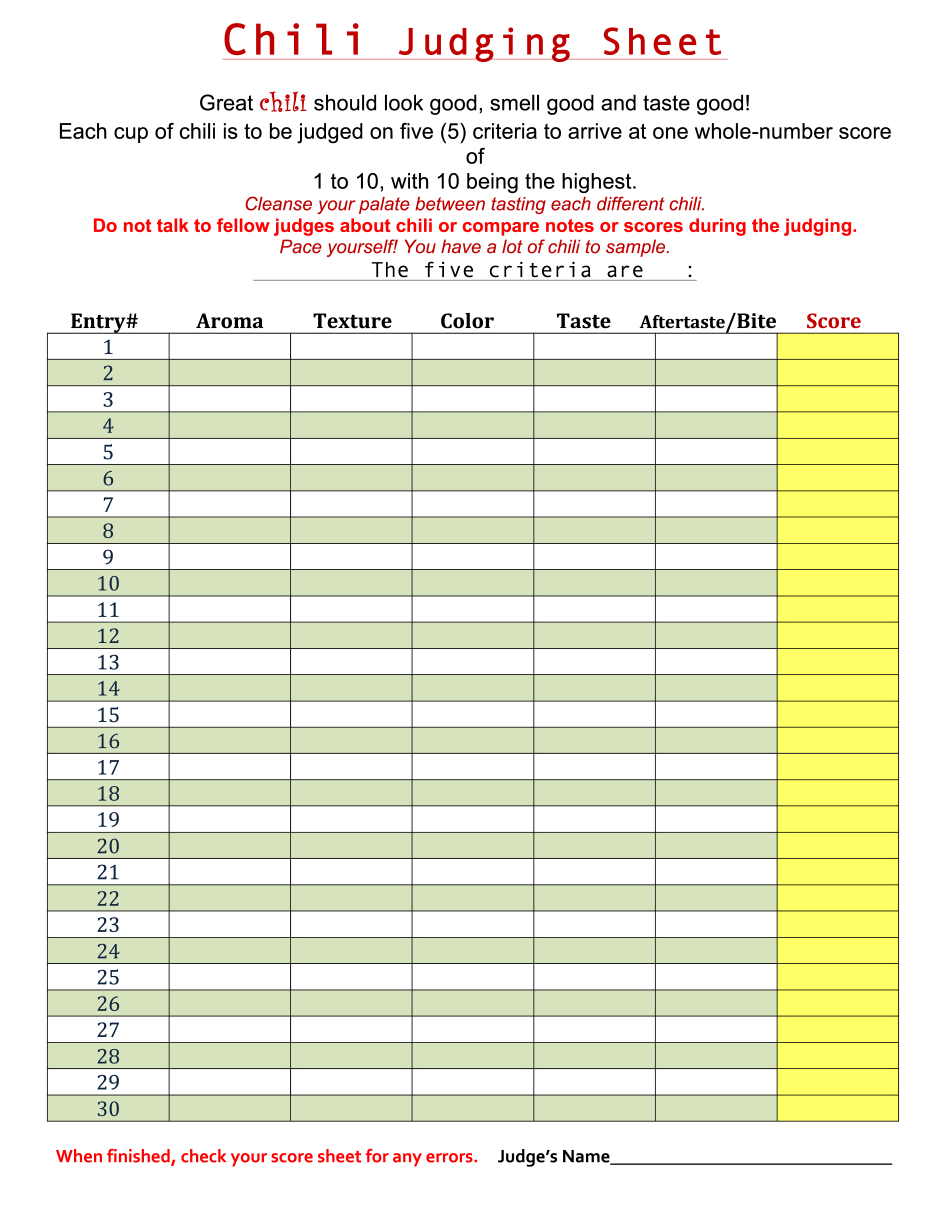 Chili Cook Off Judging Sheet - Printable Blank Pdf Online inside Free Printable Chili Judging Sheet