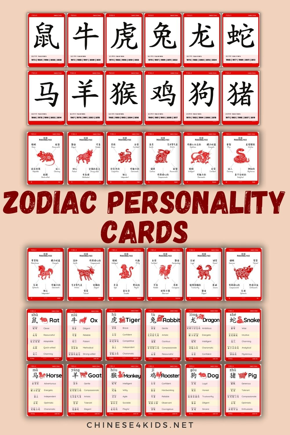 Chinese Zodiac Animal Personality Cards - Digital Printable for FREE Printable Chinese Zodiac Chart