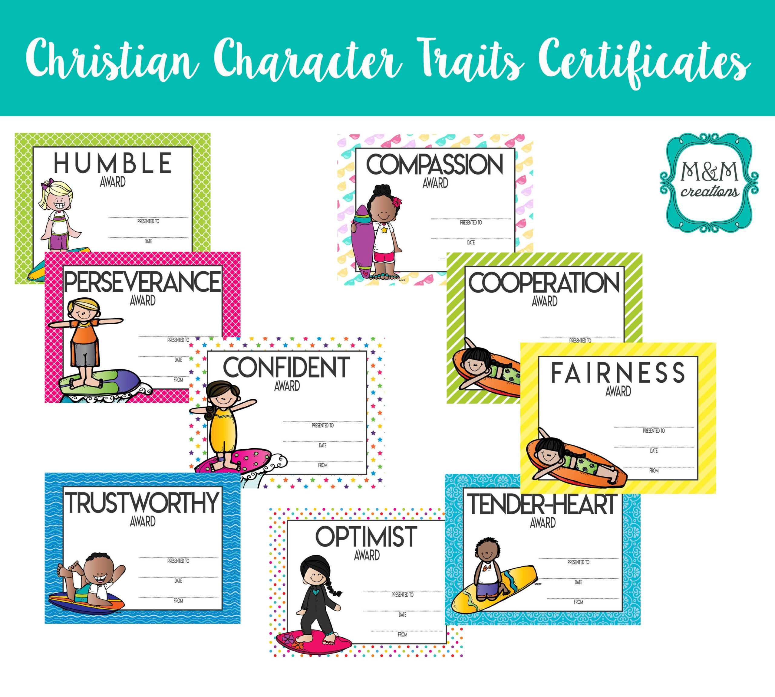 Christian Character Trait Certificates/Awards - Surfing Theme - Etsy in FREE Printable Christian Character Awards