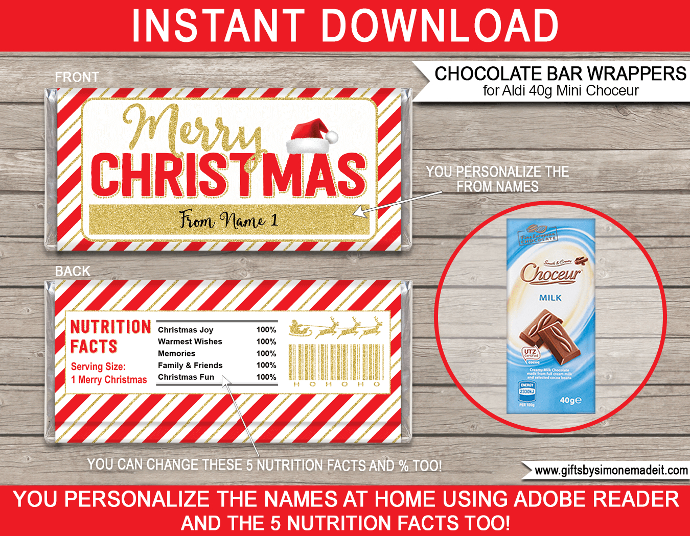 Christmas Chocolate Bar Wrappers (Mini Choceur) - Red &amp;amp; Gold inside FREE Printable Candy Bar Wrappers Templates