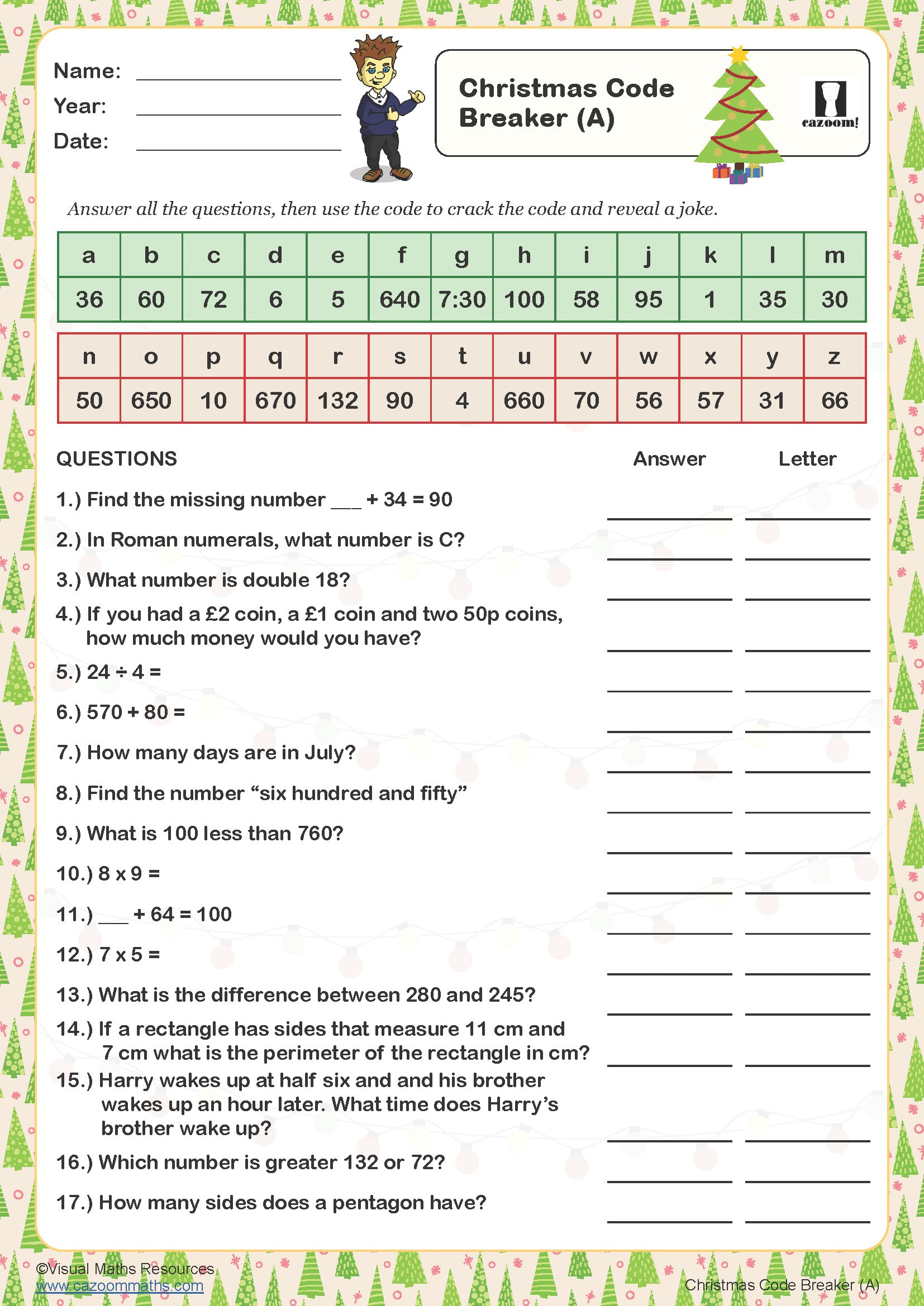 Christmas Code Breaker (A) Worksheet | Cazoom Maths Worksheets within Free Printable Code Breaker Worksheets
