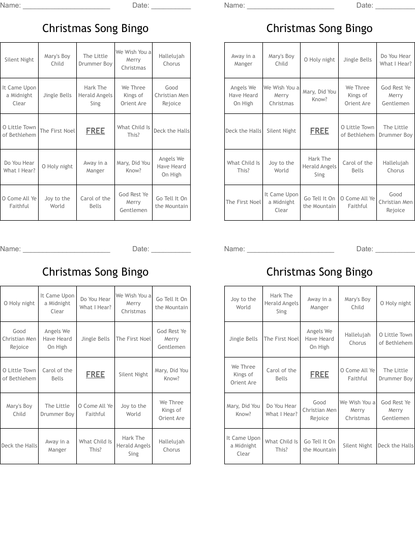 Christmas Song Bingo - Wordmint intended for Free Printable Christmas Song Bingo