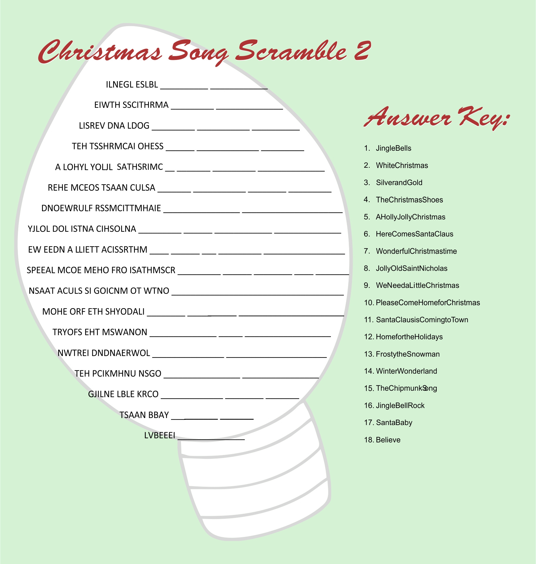 Christmas Song Scramble - 14 Free Pdf Printables | Printablee inside Free Printable Christmas Song Scramble With Answers