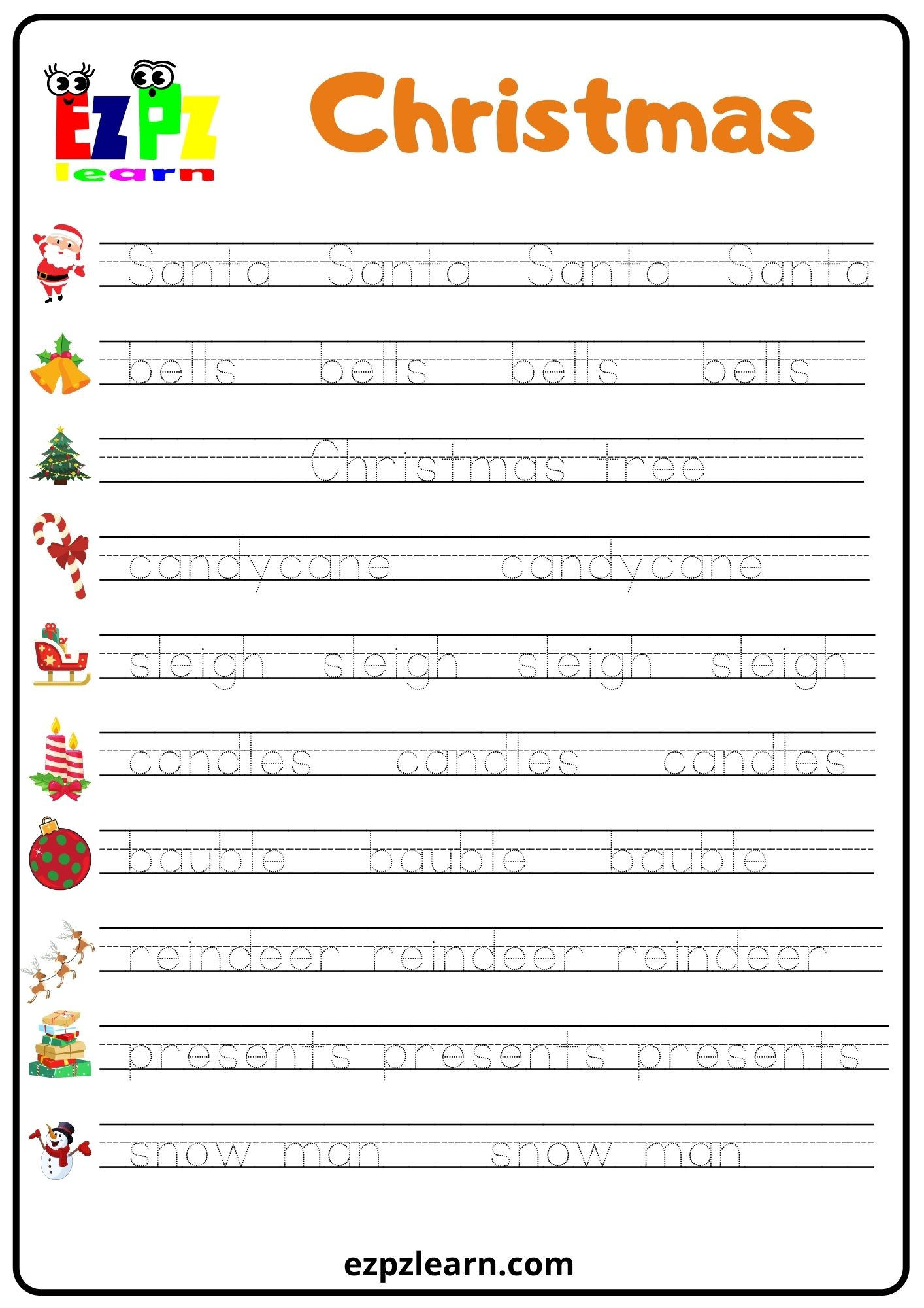 Christmas Word Tracing Worksheet - Ezpzlearn within Free Printable Christmas Tracing Worksheets
