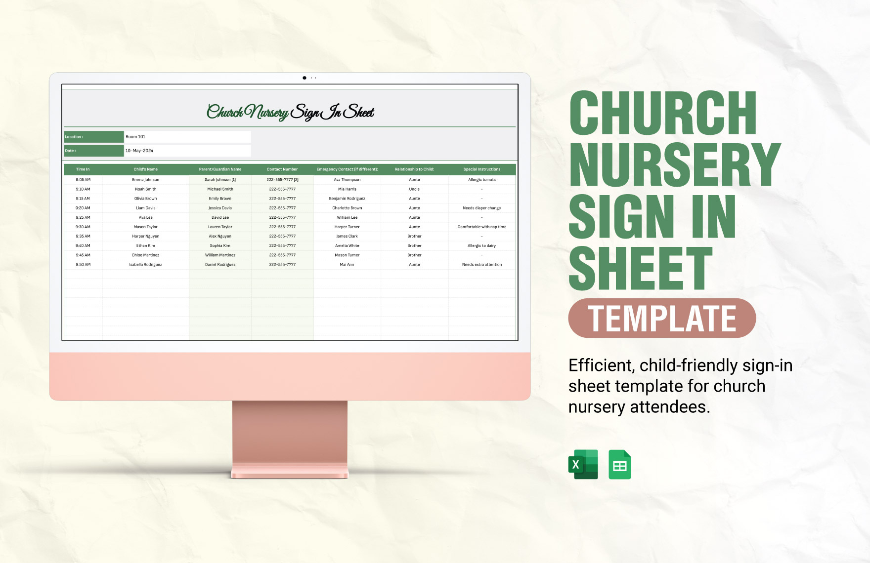 Church Nursery Sign In Sheet Template In Excel, Google Sheets within FREE Printable Church Nursery Sign In Sheets