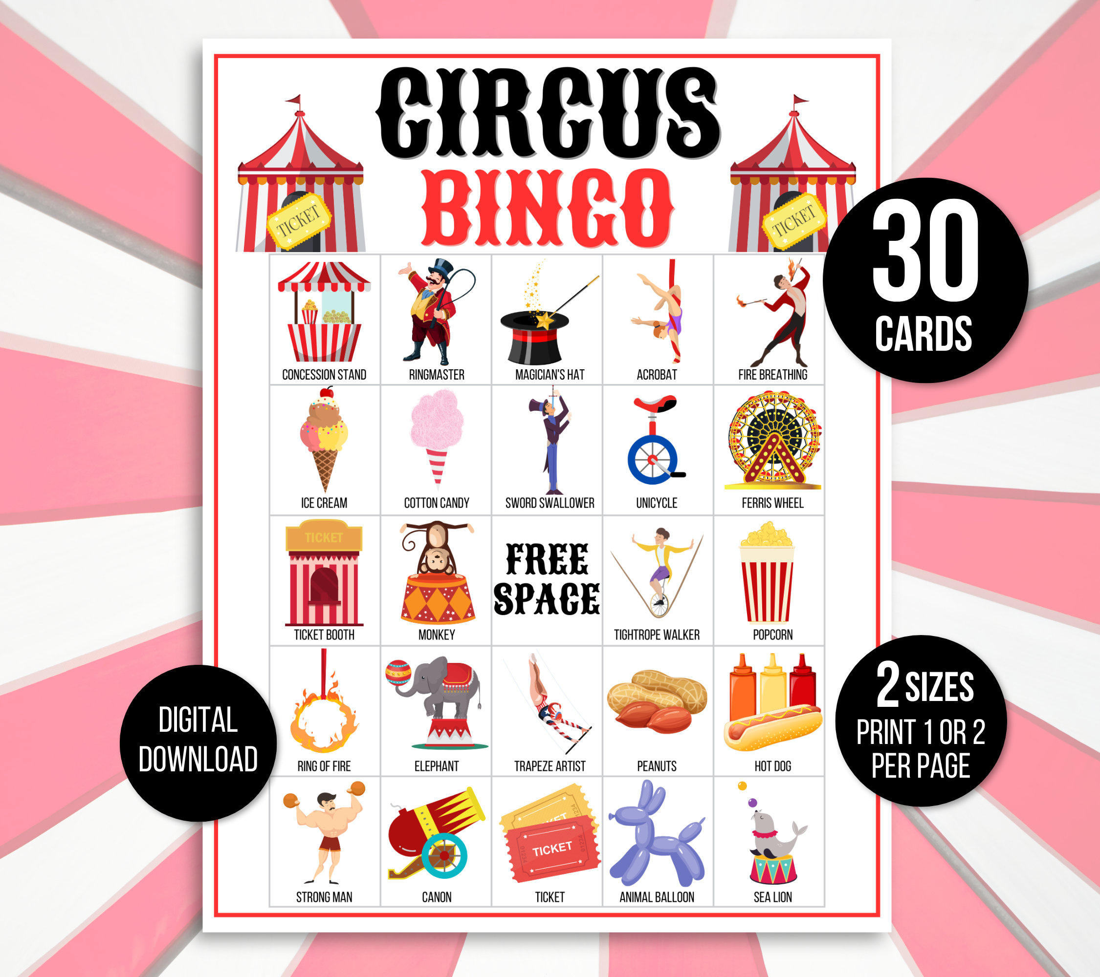 Circus Bingo, 30 Printable Circus Bingo Cards, Circus Party Game within FREE Printable Circus Bingo Cards