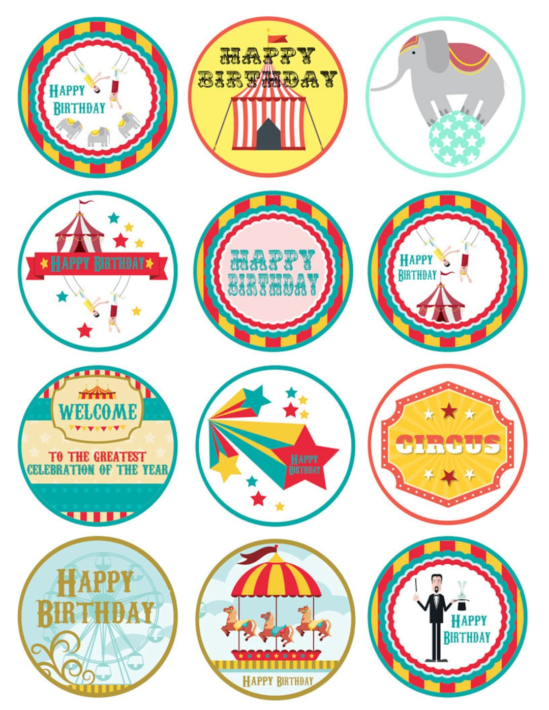Circus Carnival Printable Cupcake Toppers Instant Download Party with regard to FREE Printable Circus Cupcake Toppers