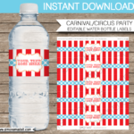 Circus Party Water Bottle Labels Template - Red/Aqua within Free Printable Carnival Water Bottle Labels