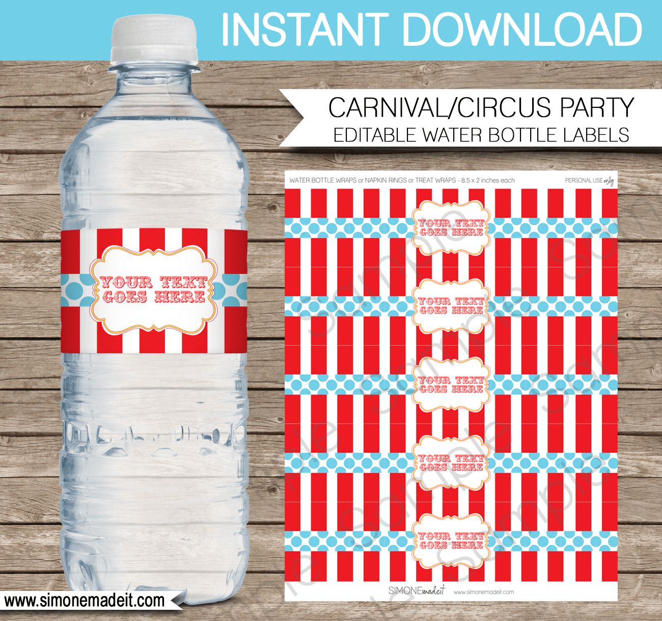 Circus Party Water Bottle Labels Template - Red/Aqua within Free Printable Carnival Water Bottle Labels