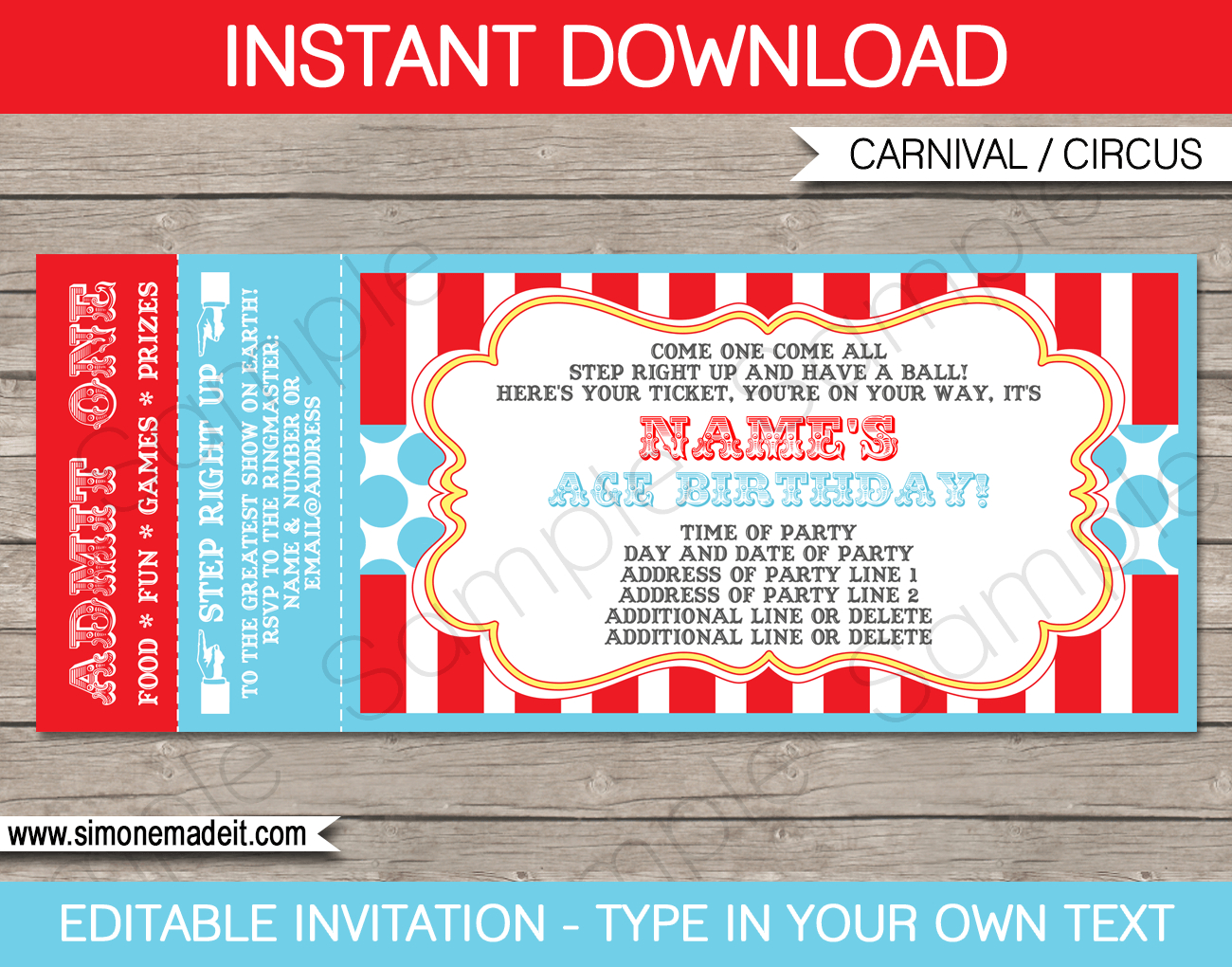 Circus Ticket Invitation Template - Red/Aqua inside Free Printable Circus Invitation Templates