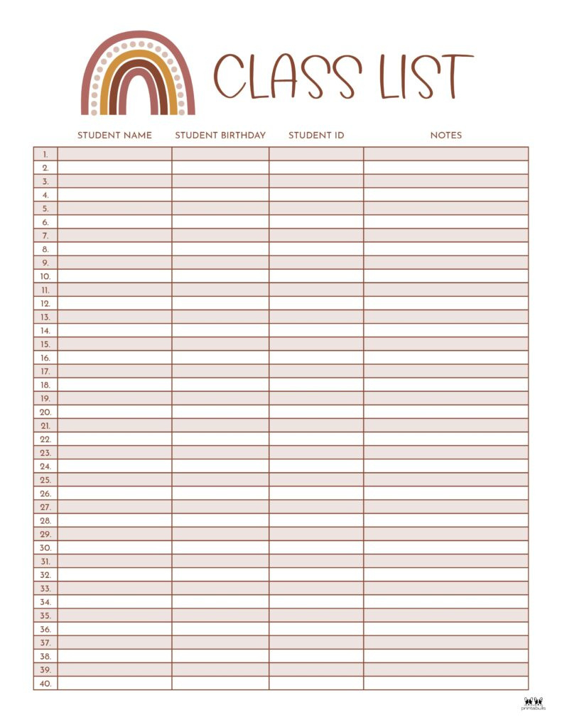 Class List Templates - 12 Free Printables | Printabulls within FREE Printable Class List Template