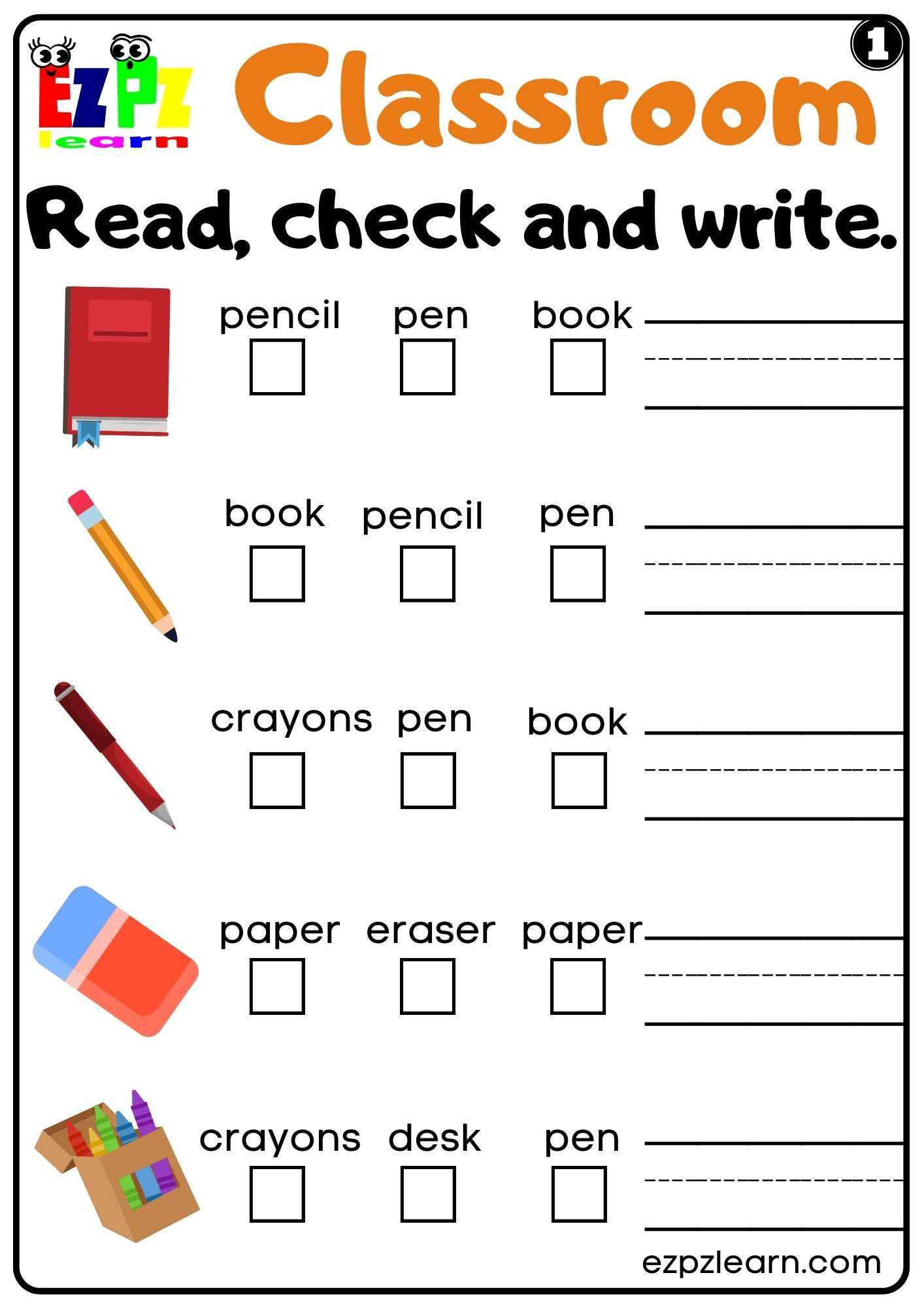 Classroom Objects Read Check And Write Set 1 - Ezpzlearn regarding FREE Printable Check Writing Worksheets