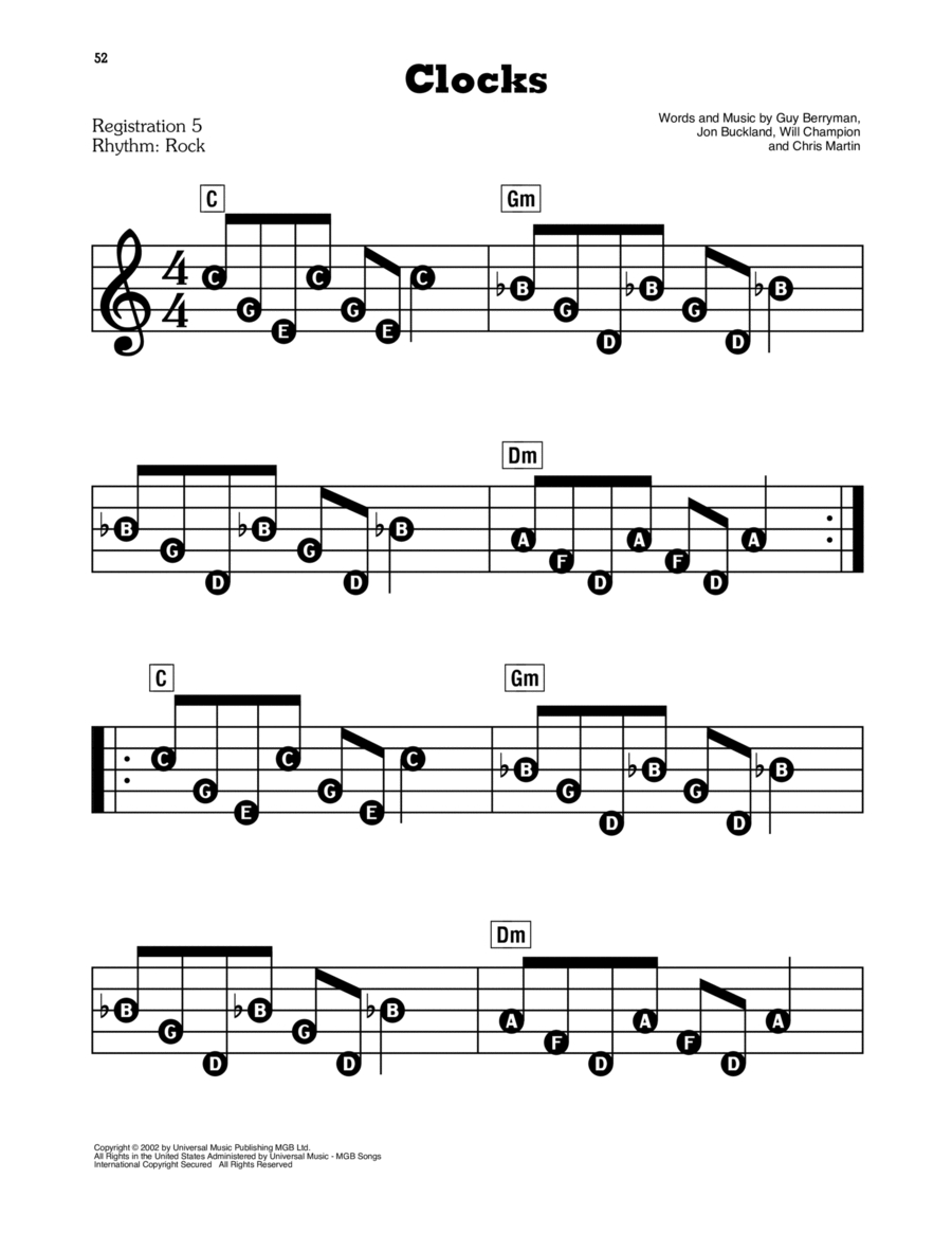 Clockscoldplay - Electronic Keyboard, Organ Accompaniment, Easy Piano - Digital Sheet Music | Sheet Music Plus in Free Printable Coldplay Clocks Piano Sheet Music