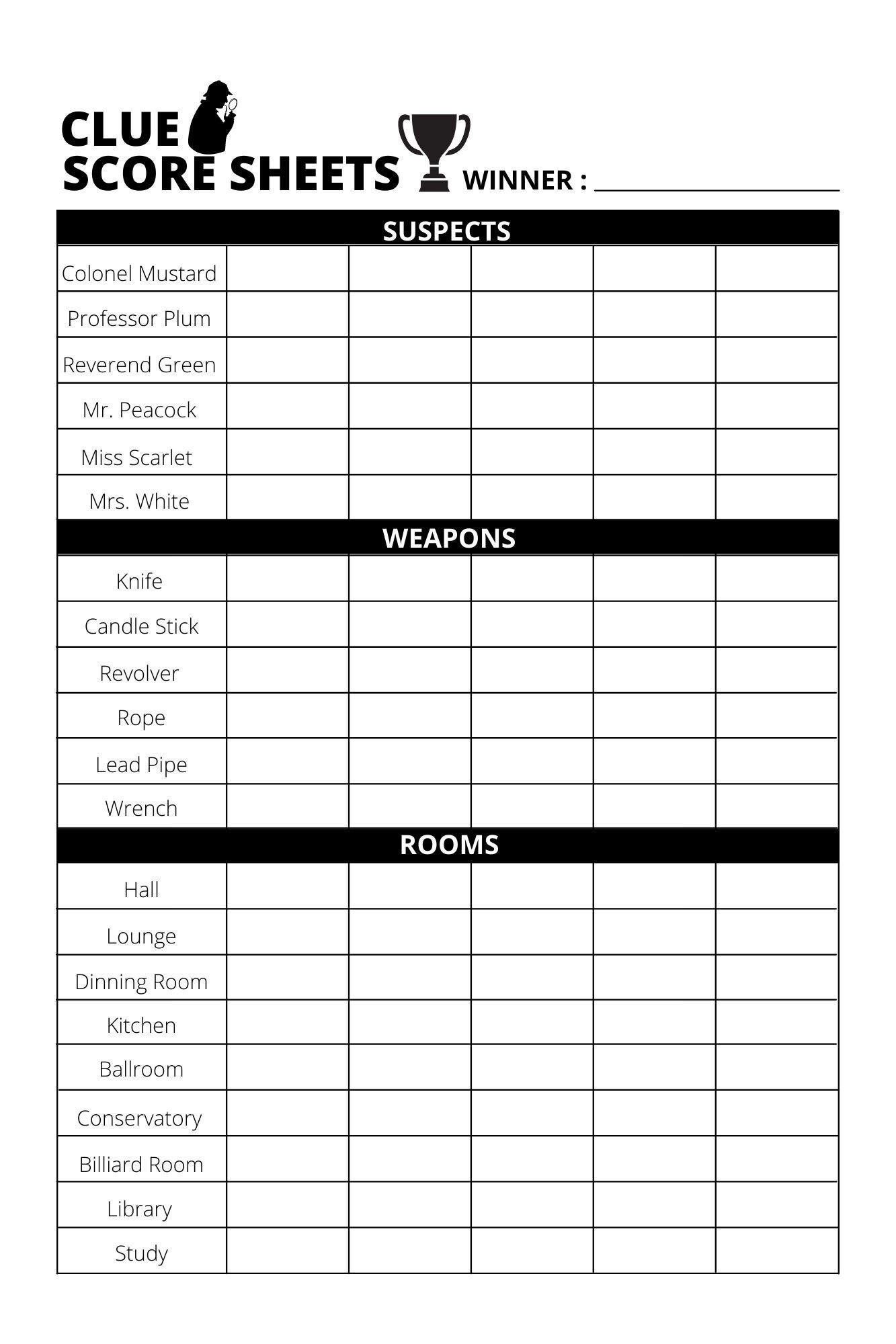 Clue Score Sheet - Download/Print Pdf File - Etsy regarding Free Printable Clue Game Sheets