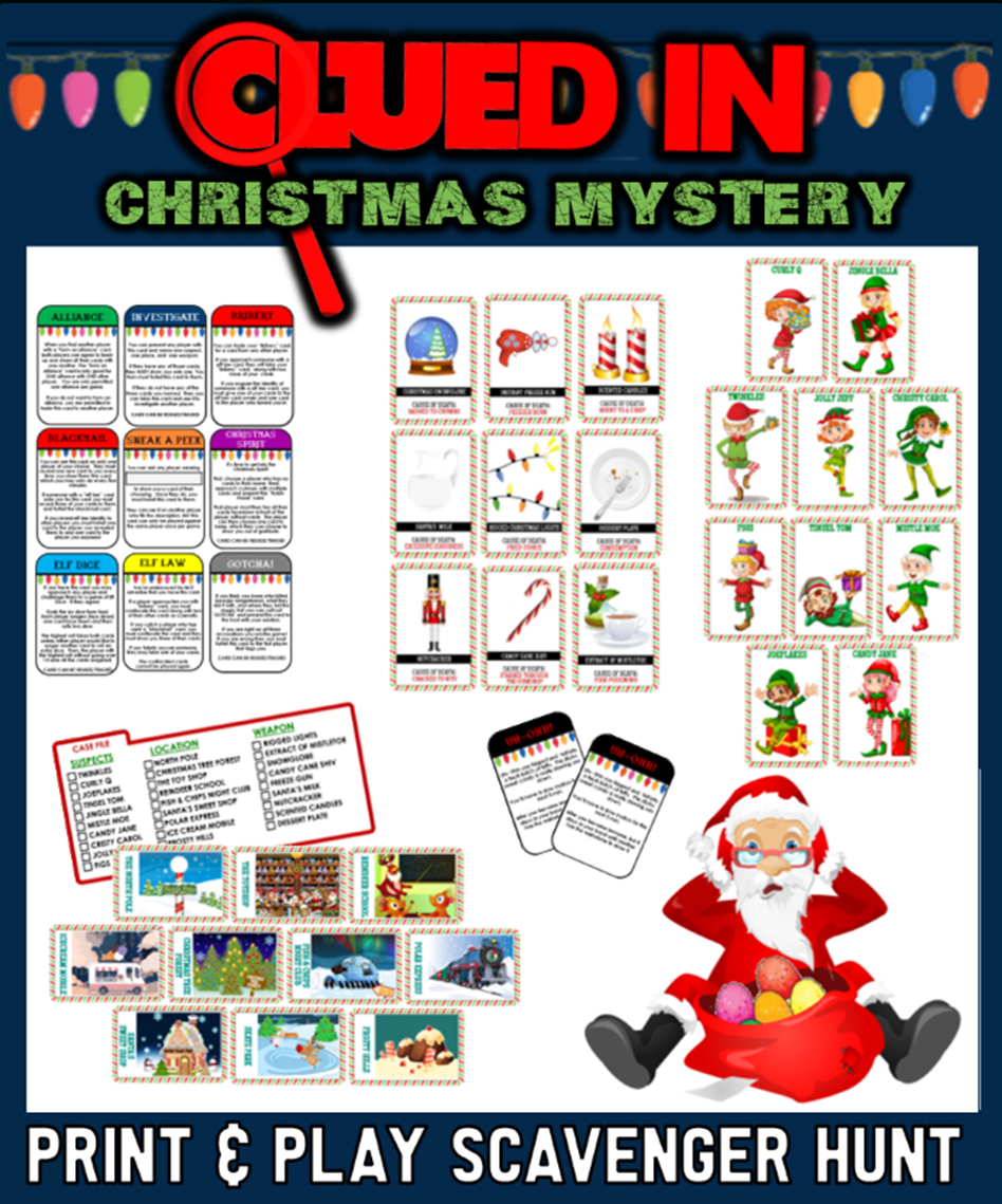 Clued-In Murder Mystery Christmas Scavenger Hunt -Printable Party with FREE Printable Christmas Mystery Games