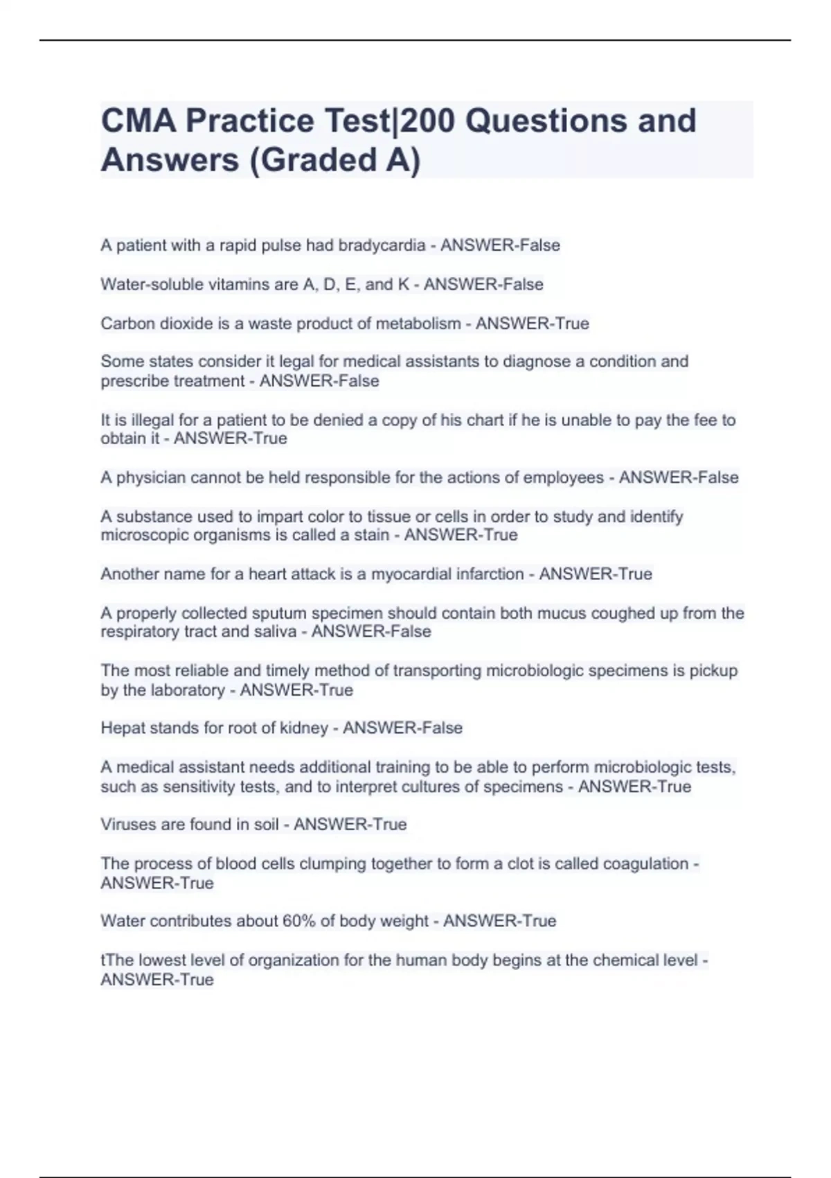 Cma Practice Test|200 Questions And Answers (Graded A) - Cma intended for Free Printable Cma Practice Test