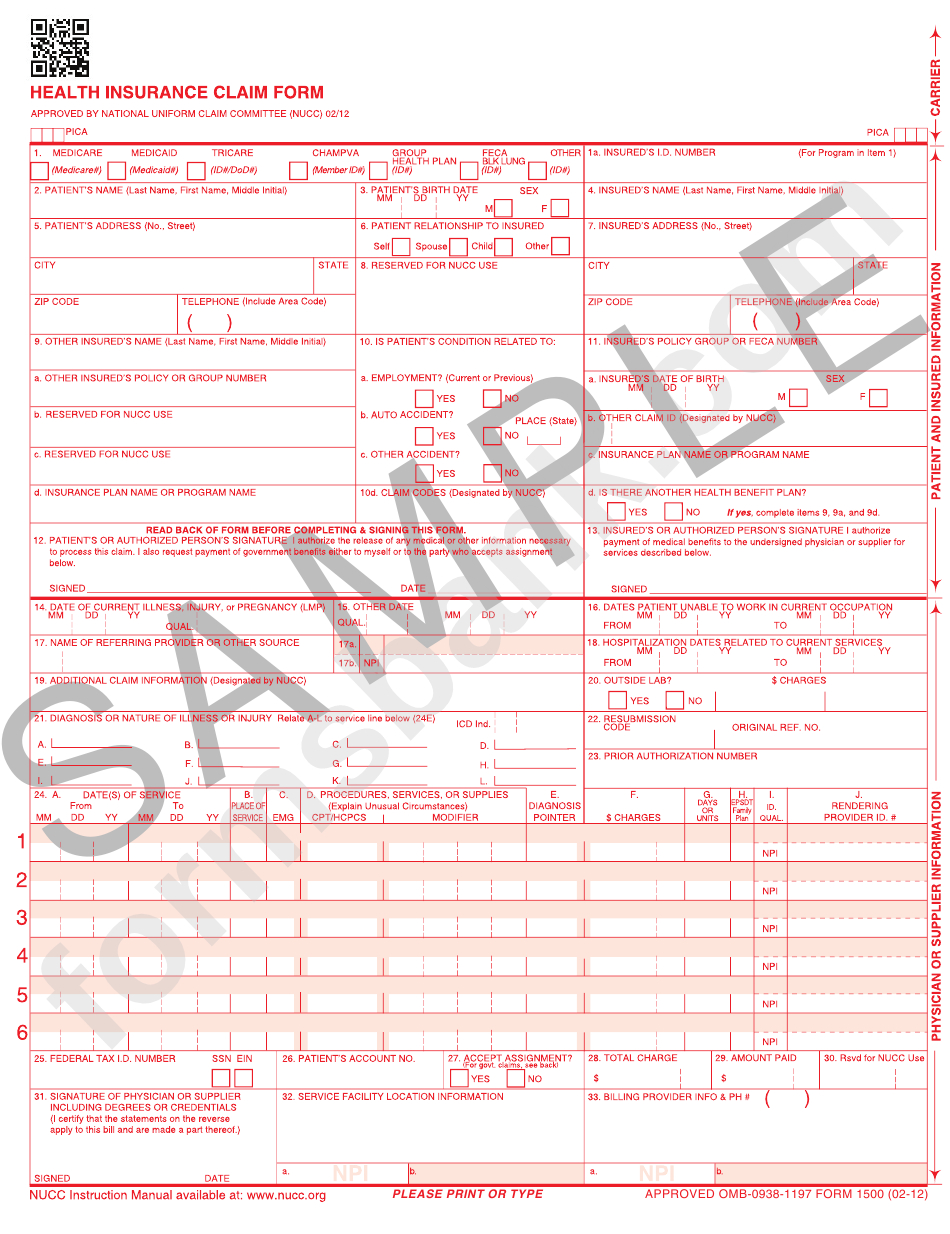Cms 1500 Forms Free Fillable Cms 1500 Template Of Health Insurance inside Free Printable Cms 1500 Claim Forms