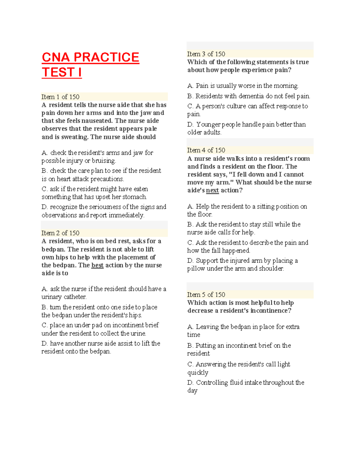 Cna Practice Pdf 525+ Q&amp;amp;A - Cna Practice Test I Item 1 Of 150 A with Free Printable Cna Practice Test With Answers