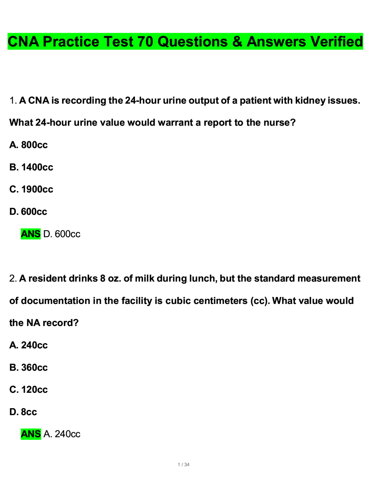 Cna Practice Test (70 Questions) &amp;amp; Revised Answers (2025/2026) 100 regarding FREE Printable Cna Practice Exam