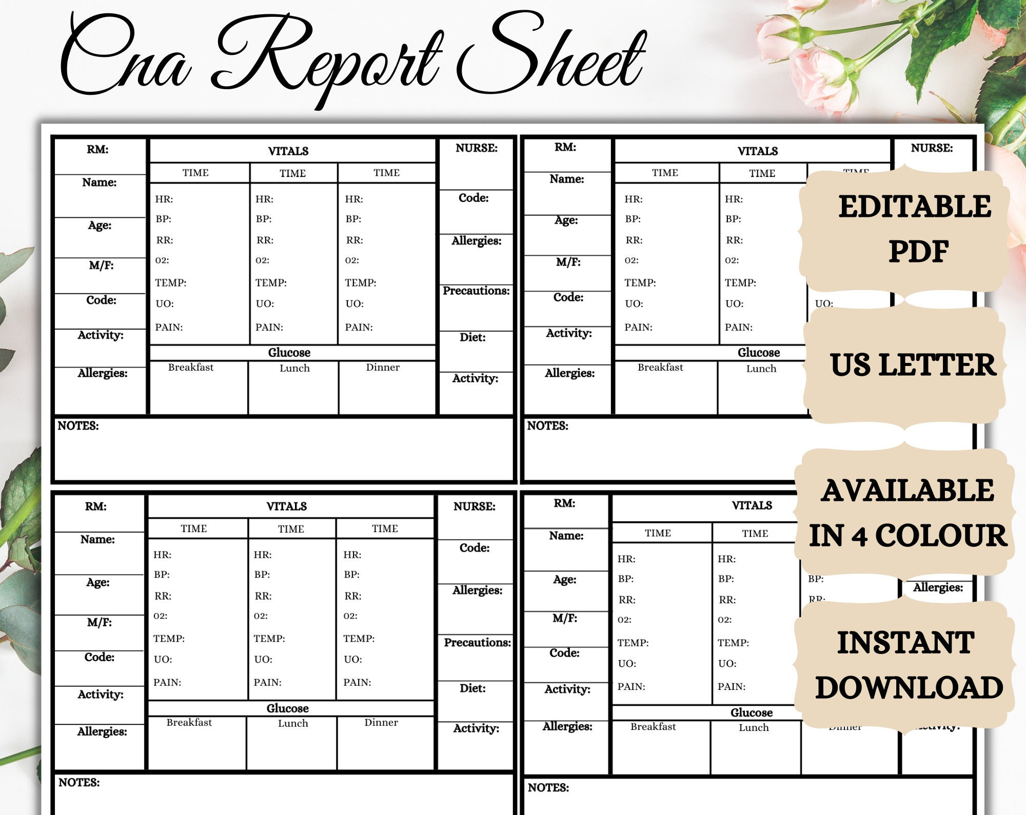 Cna Sheet Report | Cna Template | Printable &amp;amp; Fully Editable | Cna with regard to FREE Printable Cna Report Sheets