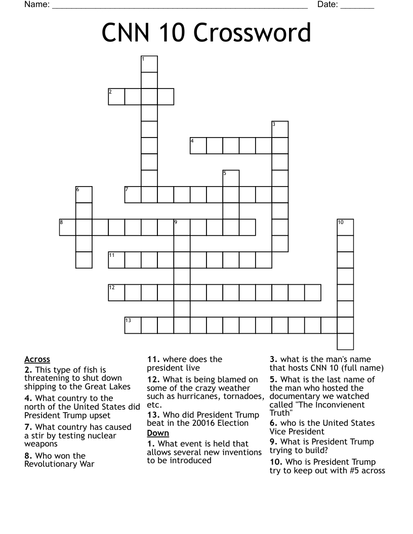 Cnn 10 Crossword - Wordmint intended for Free Printable Cnn 10 Worksheet