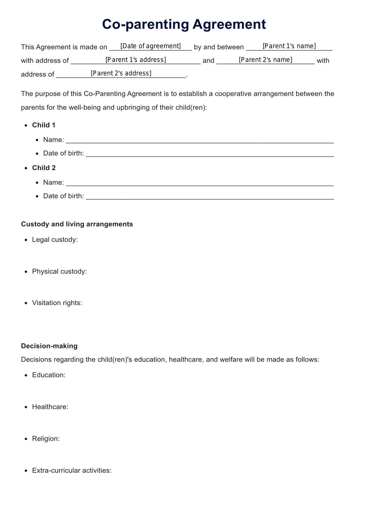 Co-Parenting Agreement Templates pertaining to FREE Printable Co Parenting Worksheets