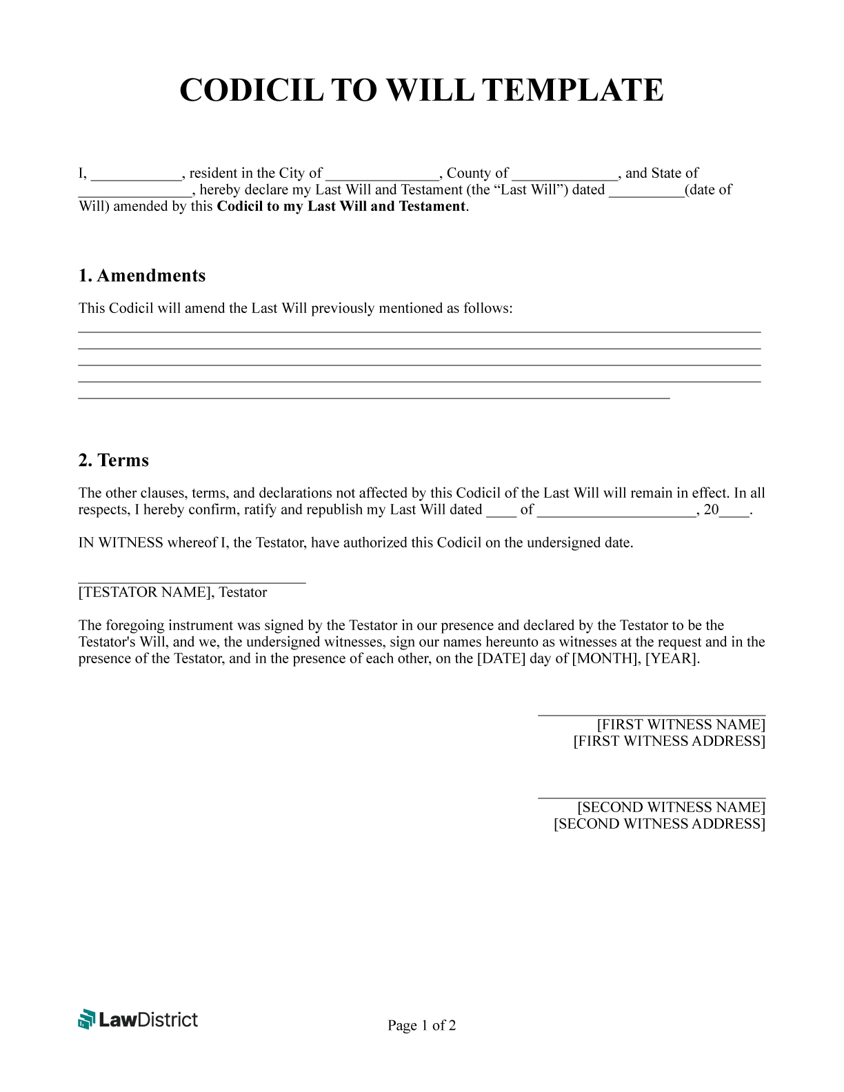 Codicil To Will Form | Free Printble Pdf &amp;amp; Word | Lawdistrict throughout FREE Printable Codicil to Will Template