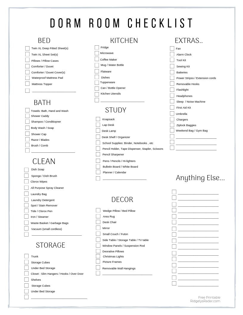 College Dorm Essentials + Must-Have Printable Checklist inside Free Printable College Dorm Checklist