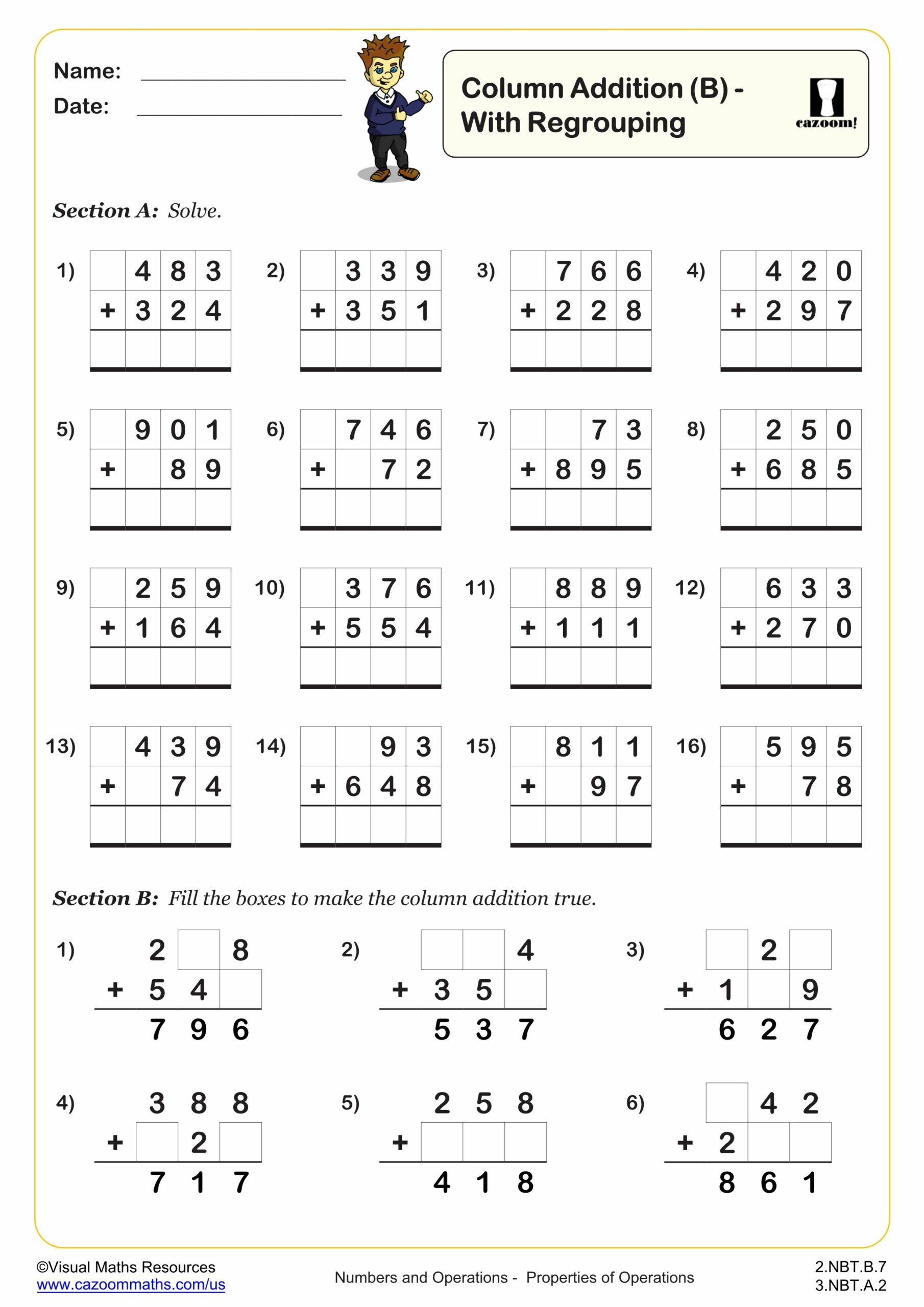 Column Addition (B) | Pdf Printable Addition Worksheets | Cazoom Math for Free Printable Column Addition Worksheets