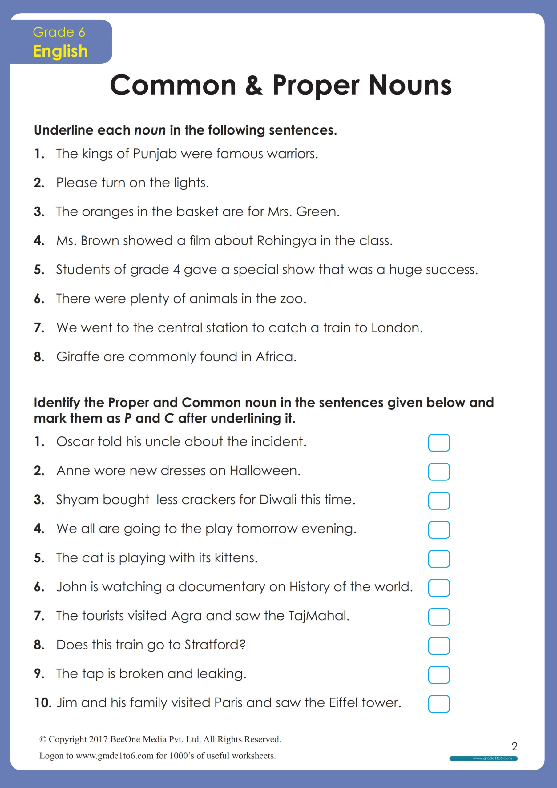 Common And Proper Nouns Worksheet | Grade1To6 pertaining to Free Printable Common And Proper Noun Worksheets