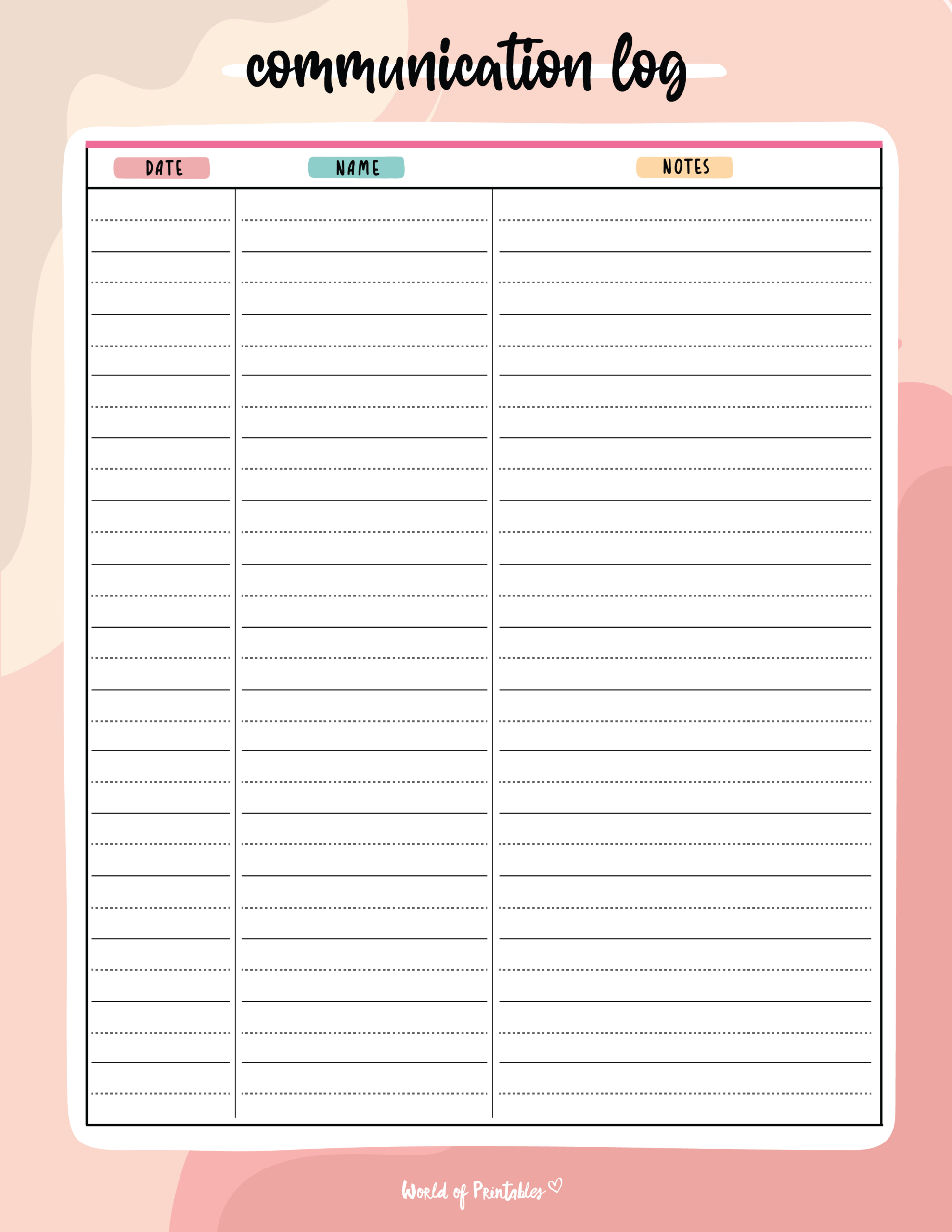Communication Log - World Of Printables throughout FREE Printable Communication Log Template