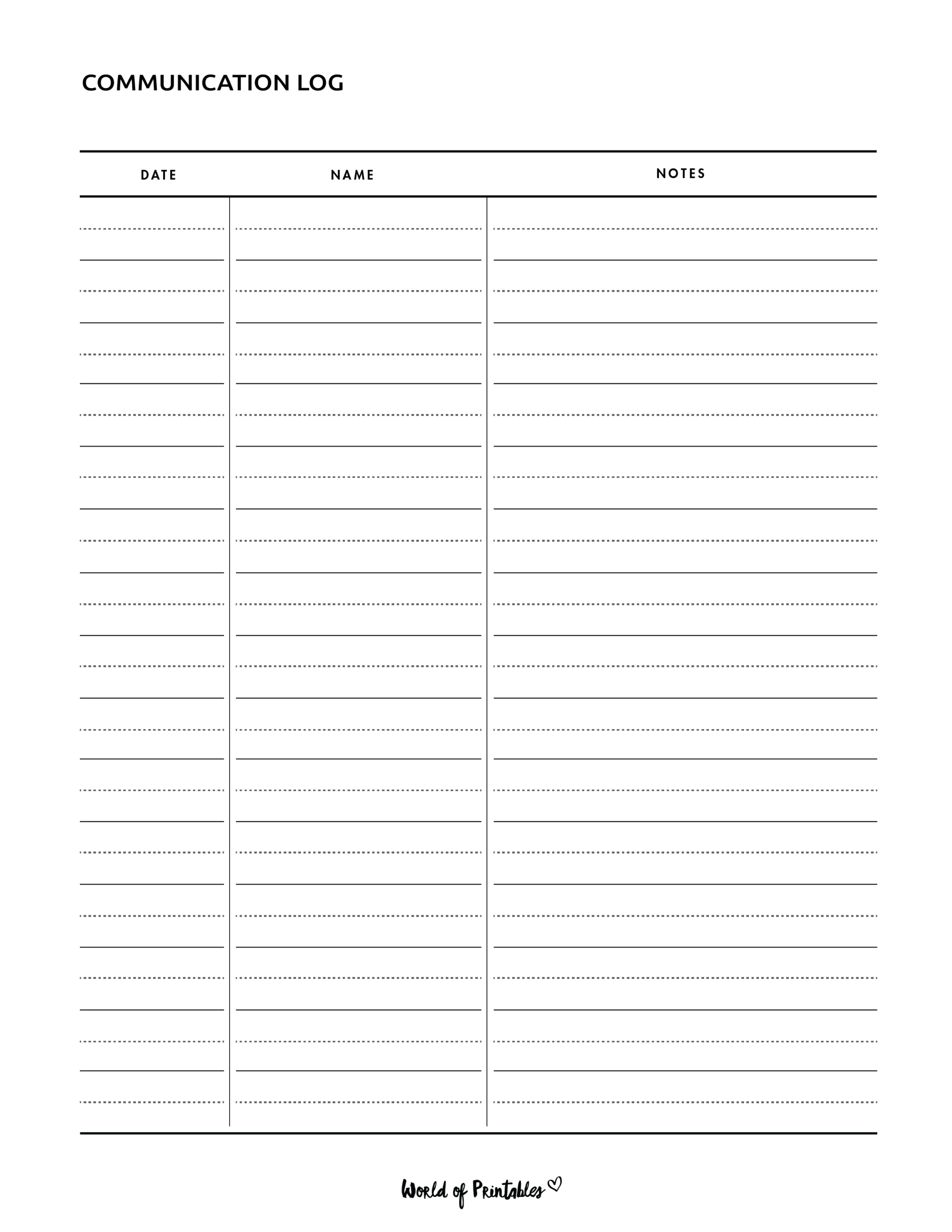 Communication Log - World Of Printables throughout FREE Printable Communication Log Template