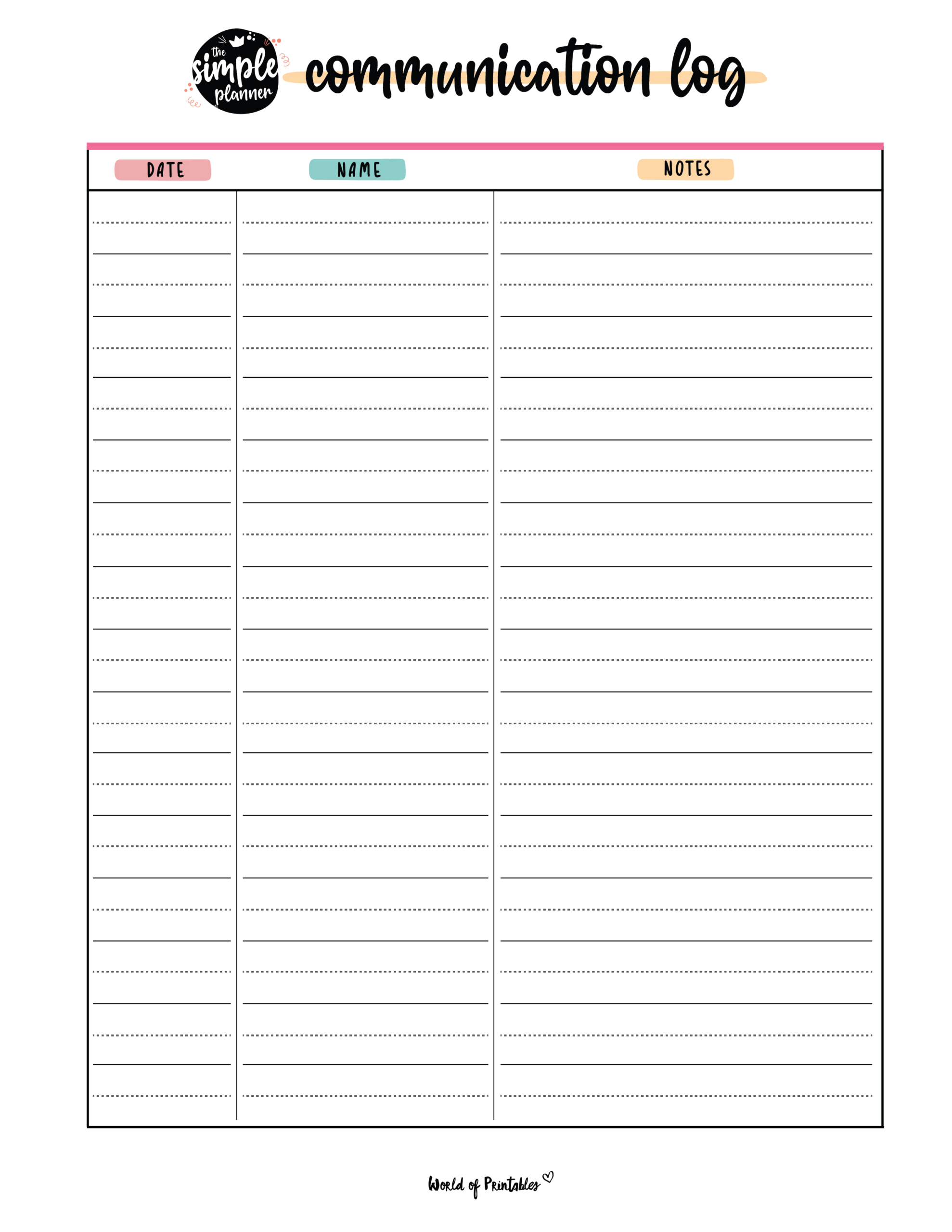 Communication Log - World Of Printables with regard to Free Printable Communication Log For Teachers