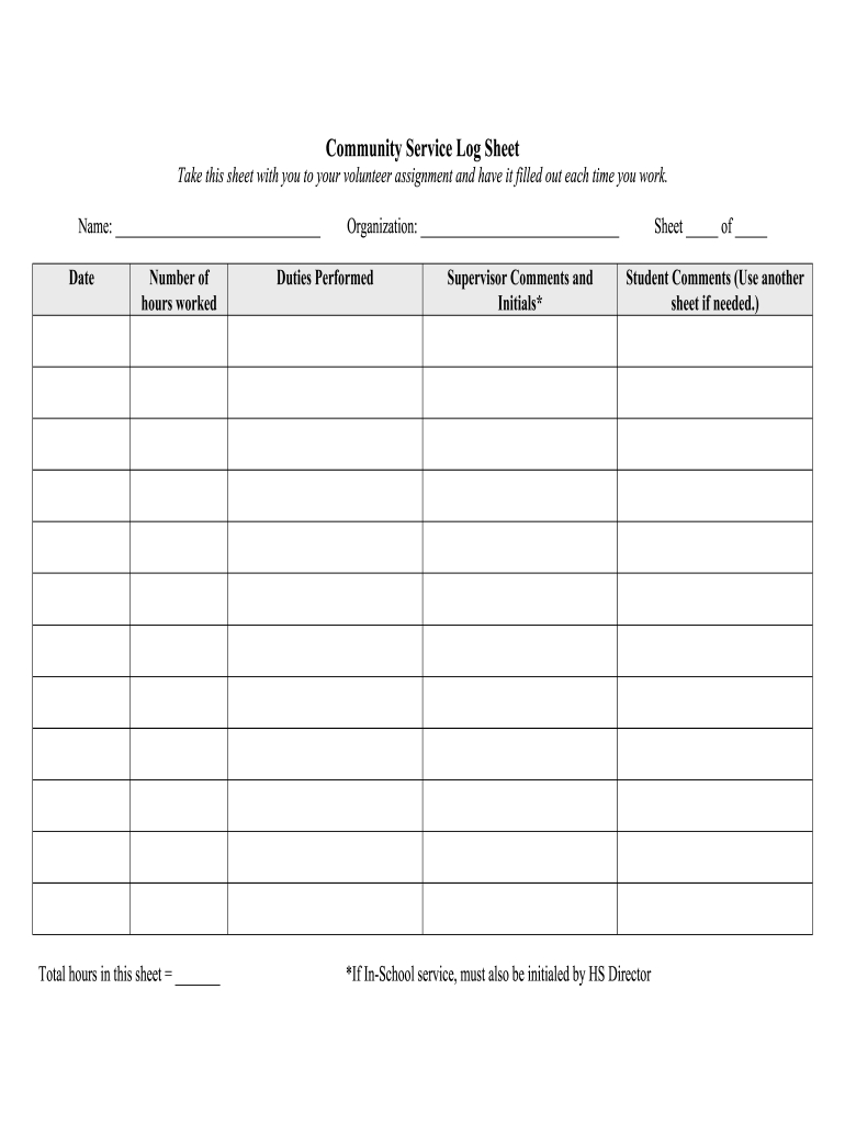 Community Service Log Sheet Form - Fill Online, Printable for FREE Printable Community Service Hours Log Sheet