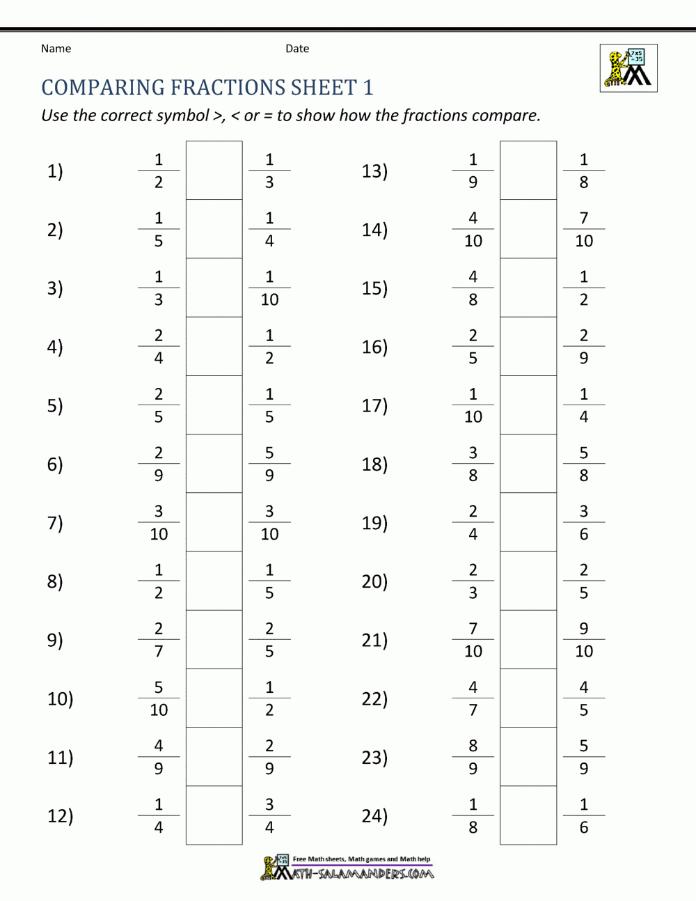 Comparing Fractions Worksheet for Free Printable Comparing Fractions Worksheets